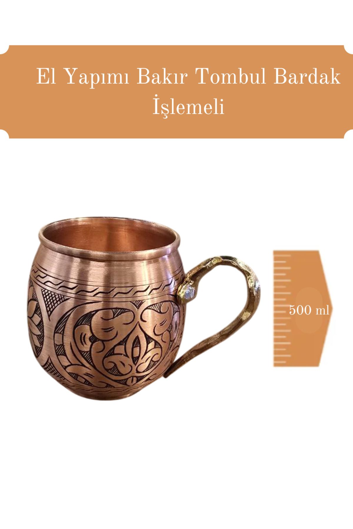 Akşifa Bakır Tombul Bardak 500 ml Işlemeli 100% bakir kalaysiz