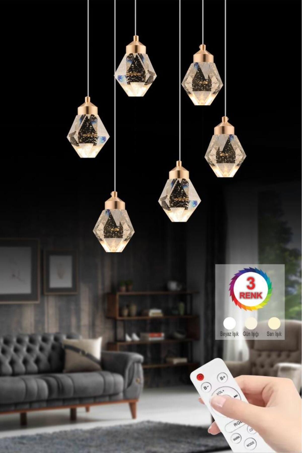 İstanbul Avize İstanbul Avize Kabarcıklı Liya 6'lı Gold Kumandalı Ledli Modern 3 Renk Led Avize