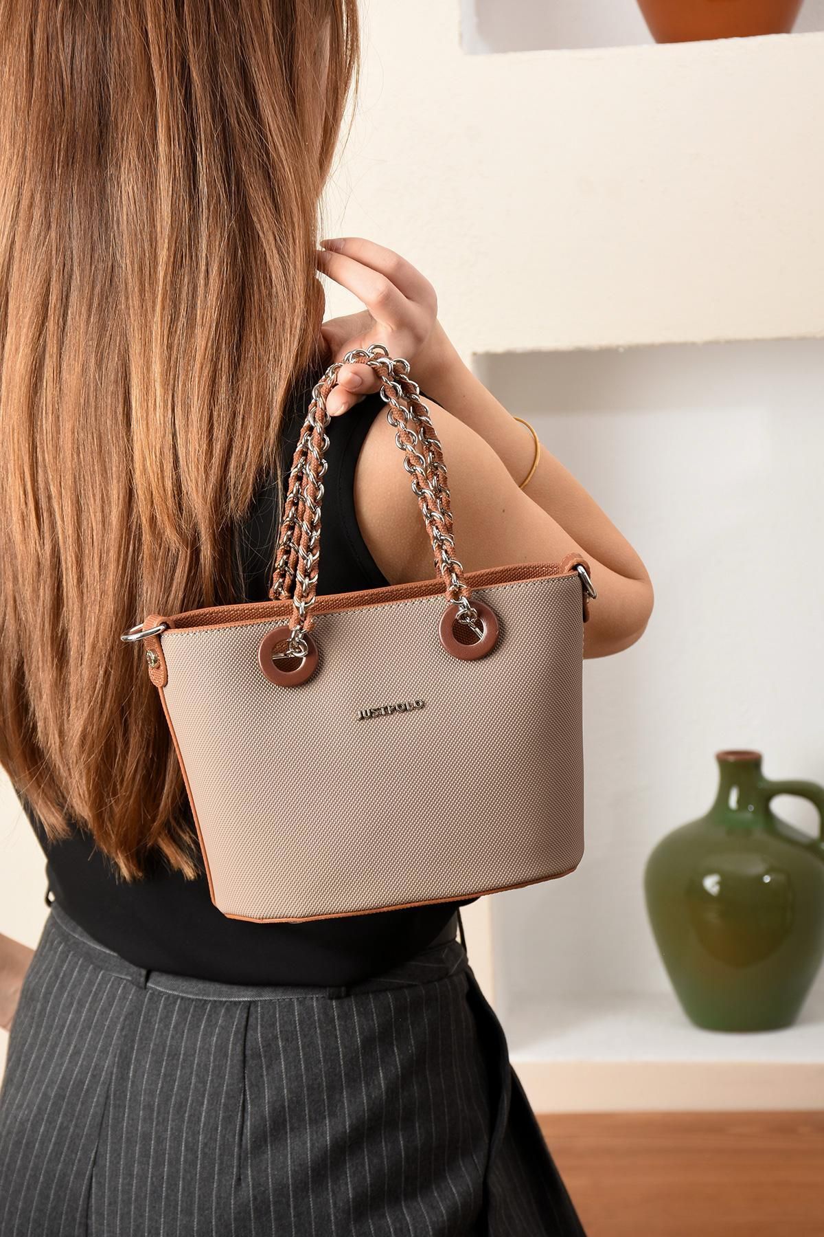 H&D COLLECTİON Zincir Detaylı Çift Askılı Astarlı Çok Şık El Ve Omuz Çantası 6054