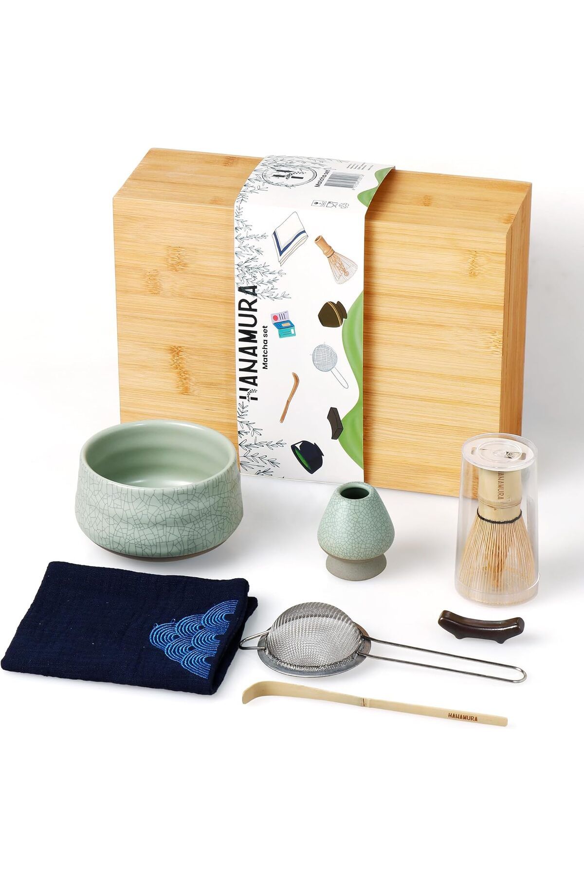 HANAMURA Matcha Seti, Matcha Çırpıcı, Seramik Matcha Kasesi, Matcha Eleği ve Bambu Saklama Kutusu ile