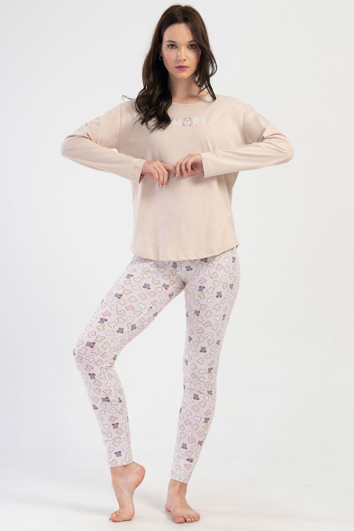 LOUNRE Likralı Süprem O Yaka Uzun Kollu Eteği Oval Manşetli Taytlı Pijama Takımı