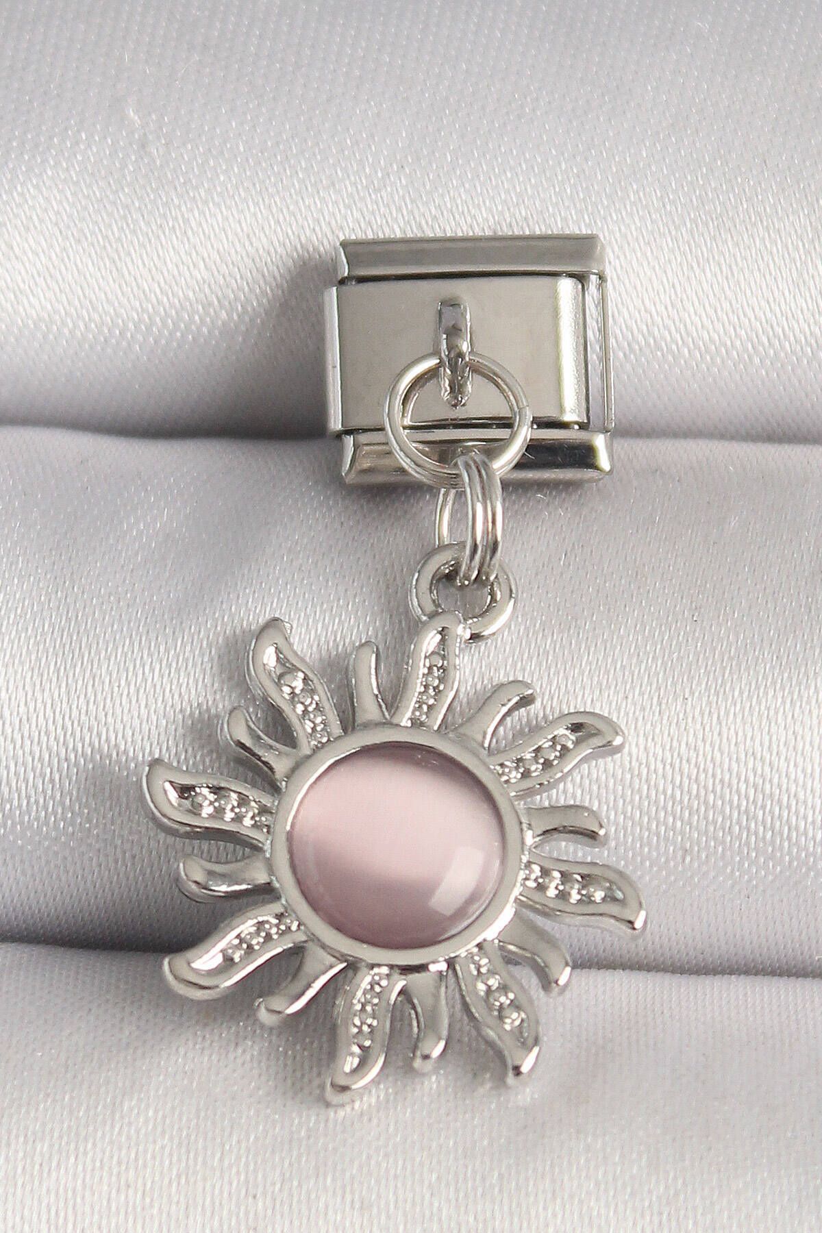 HobiDünyasıElif 316L Çelik Gümüş Renk Pembe Mineli Güneş Model Nomination Charm -