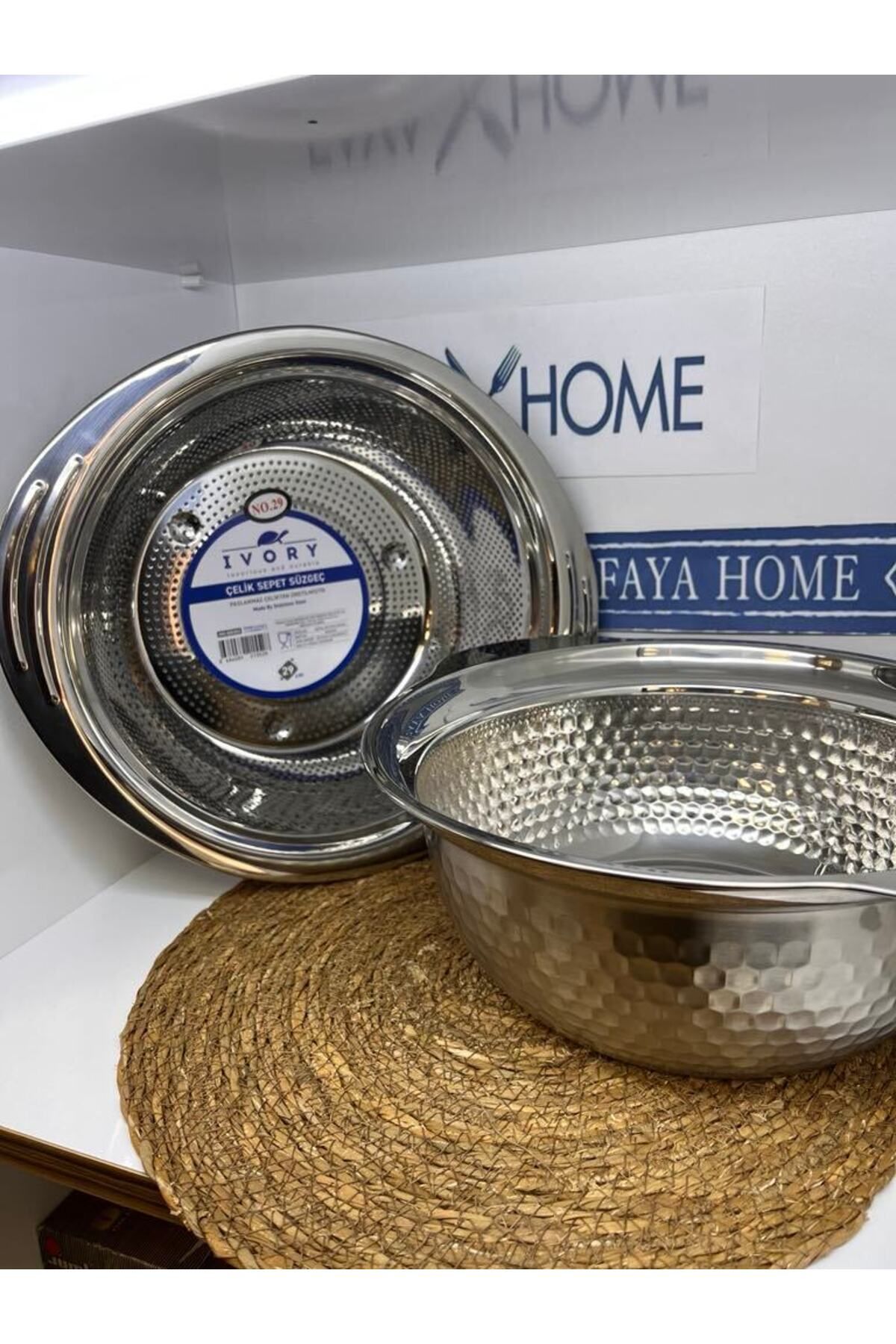 FAYA HOME İvory 2 li Çelik (29 cm) Karıştırma Kabı & (29 cm) Çelik Süzgeç