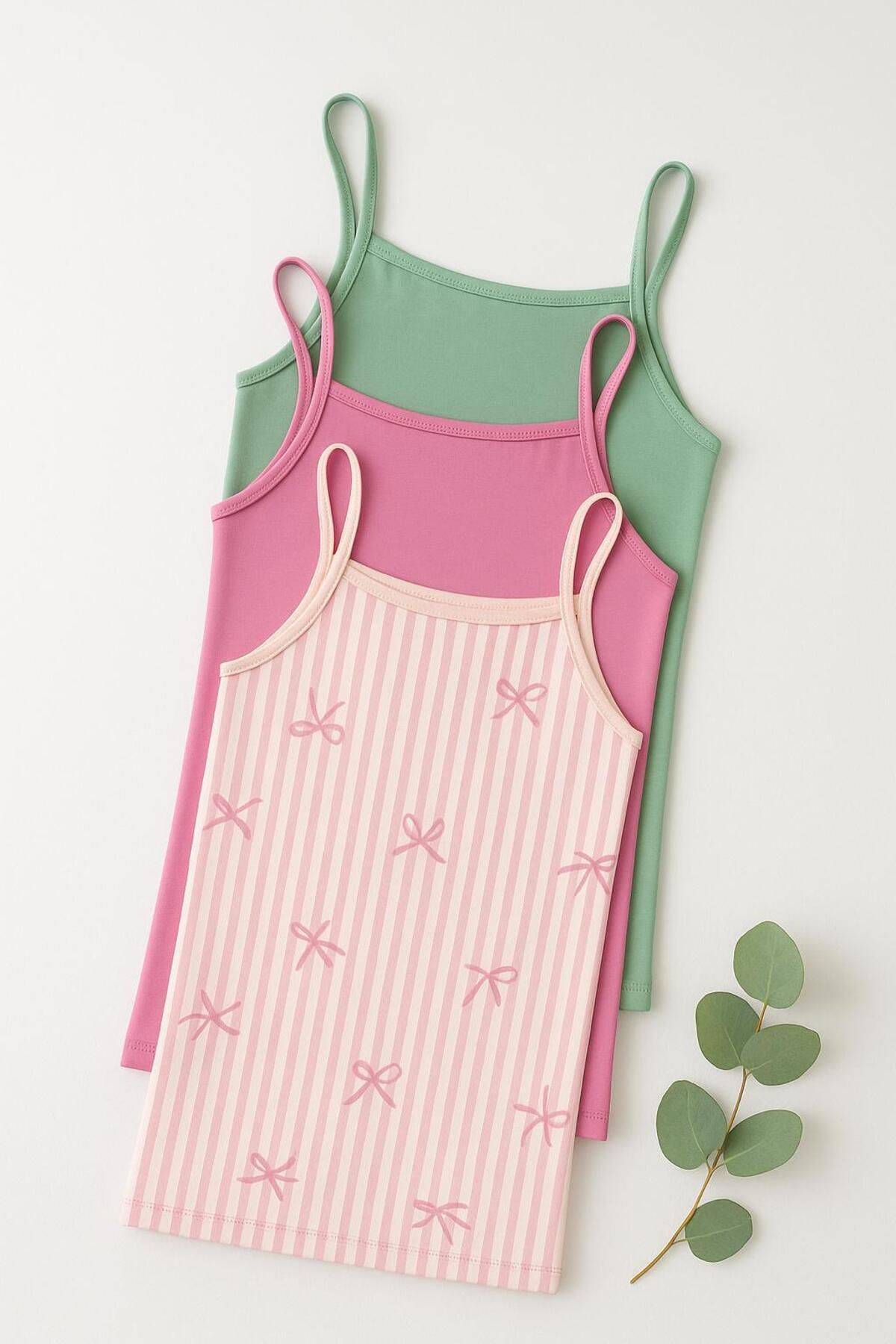 MODA 3'lü Kadın İnce Askılı Atlet Seti – Fiyonk Desenli Pembe, Fuşya, Yeşil