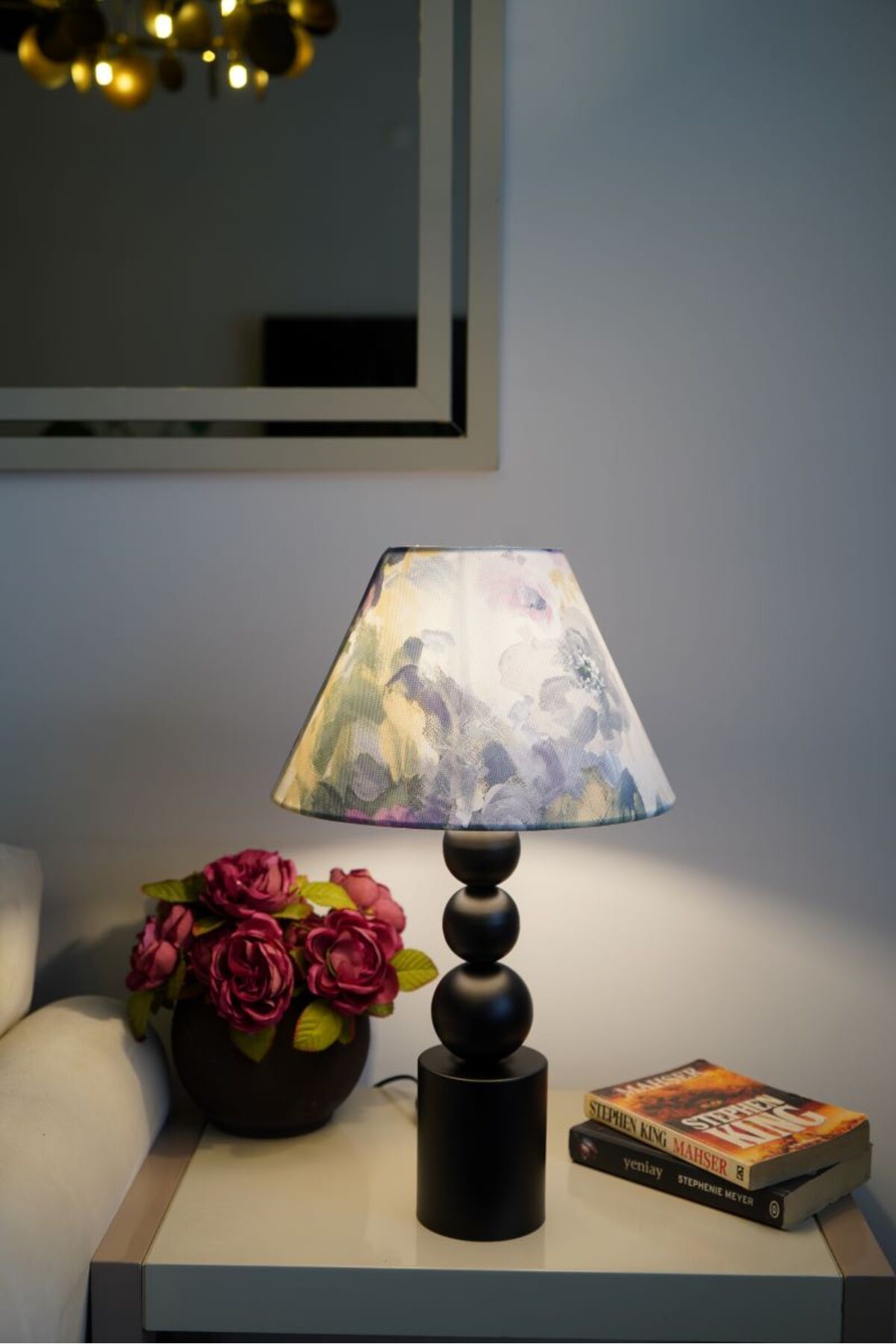 retro home design Özel Siyah Ayaklı Baskı Kumaş Konik Çiçek Desenli Dekoratif Abajur Yatak Odası Salon