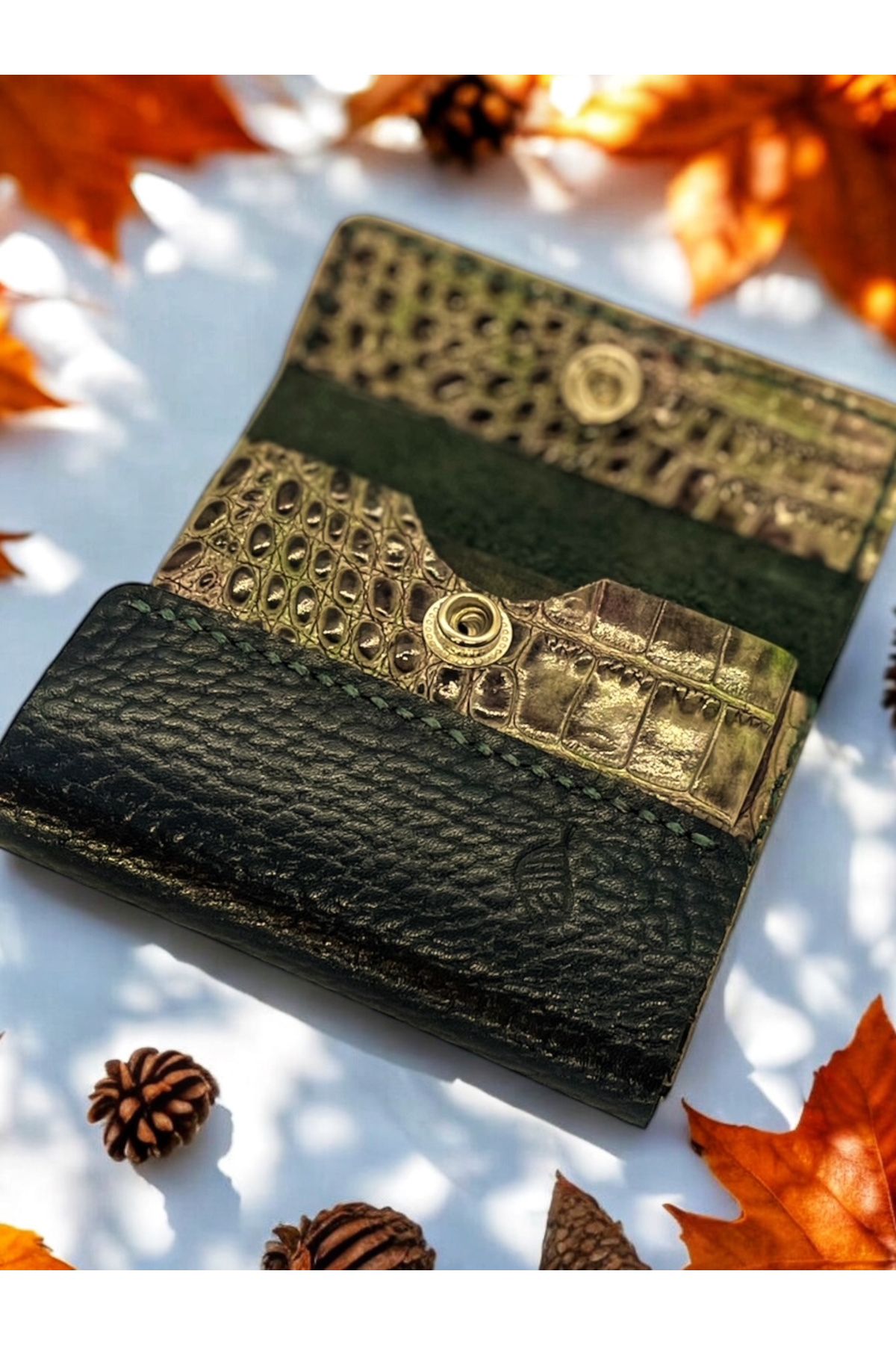 DERİMORE Fontaine, Unisex Hakiki Deri Kartlık ,Siyah & Yılan Derisi Desenli, Kompakt ve Şık Tasarım
