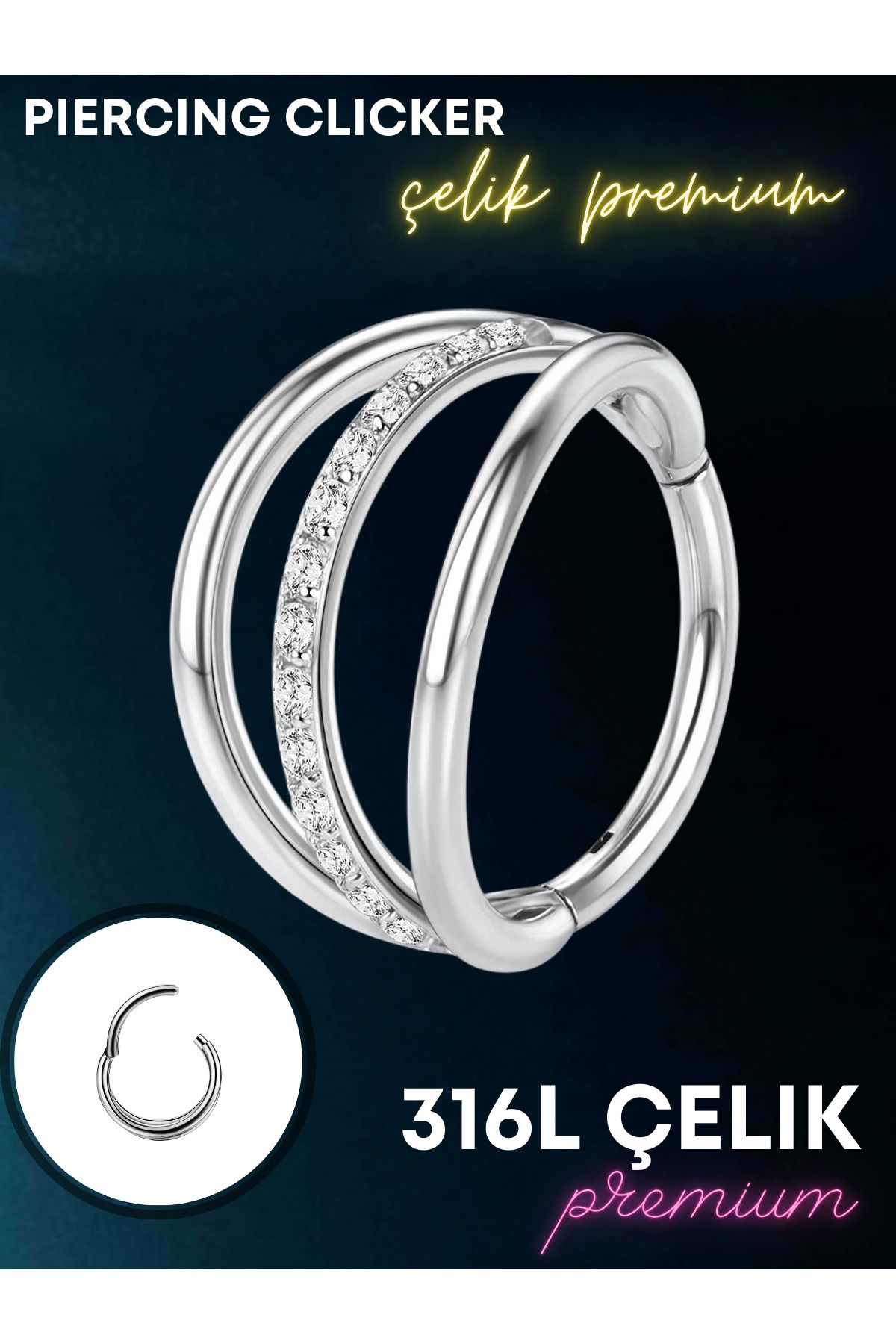 Luckshery Helix, Tragus, Septum, Kulak Memesi için Zirkon Taşlı Çok Amaçlı Piercing Clicker (Gümüş/Altın)