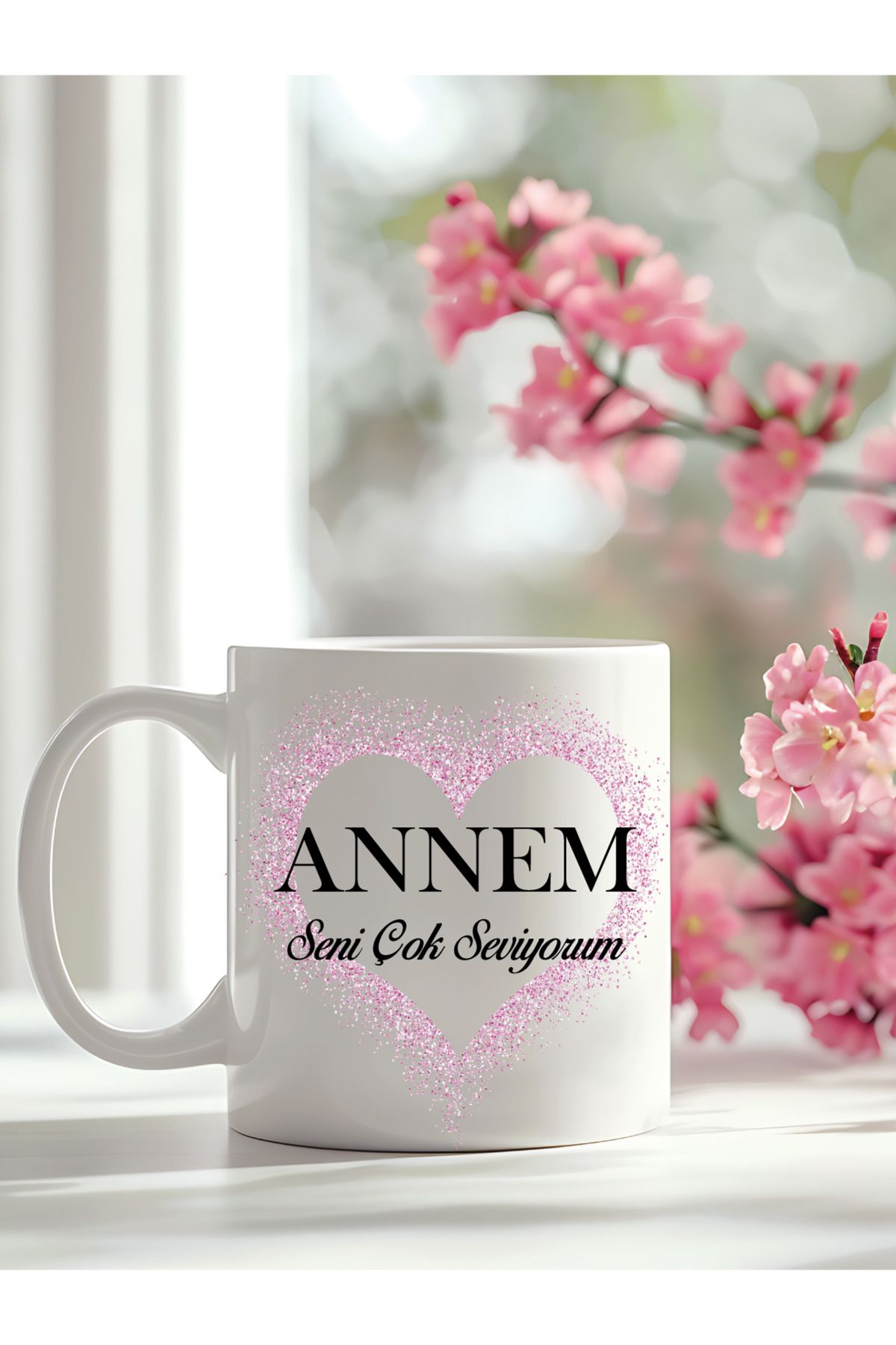Nassom Tasarım ve Baskı Annem Seni Çok Seviyorum Yazılı Pembe Kalpli Kupa | Anneler Günü Hediyesi | Sublimasyon Baskı Kupa