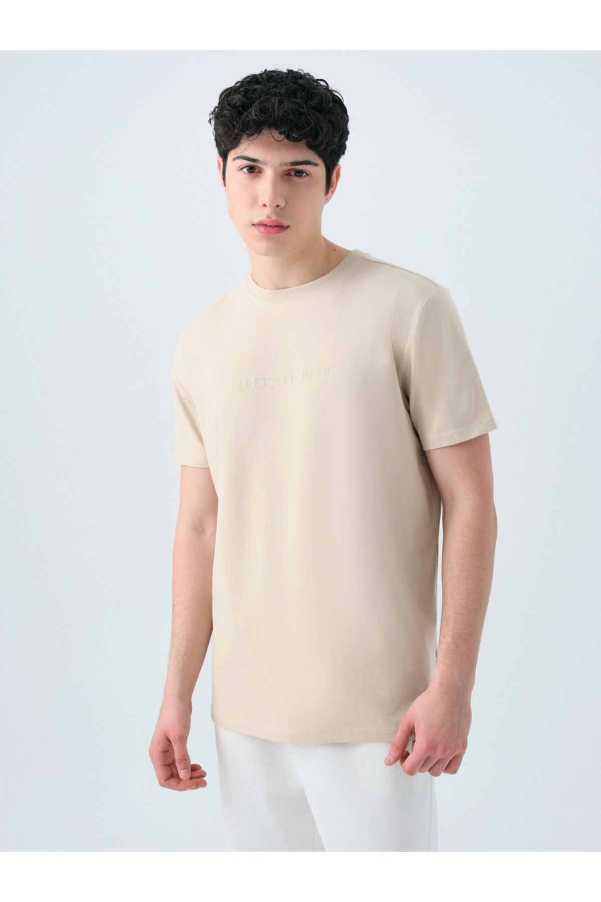 Loft 2039590 Taş Erkek Yazı Detaylı Bisiklet Yaka T-Shirt
