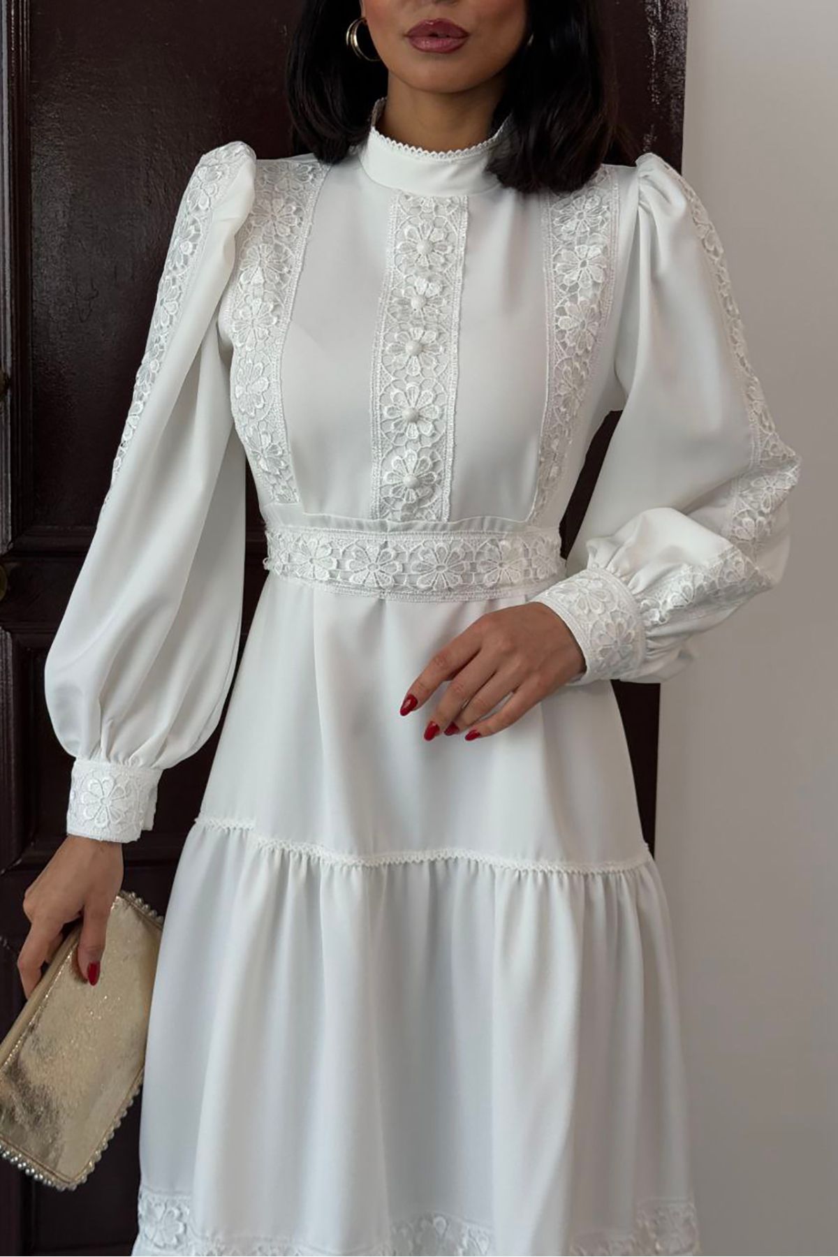 XXL BUTİK XXL Butik kadın balon kol hakim yaka dantel detaylı uzun elbise X-NBMS2532