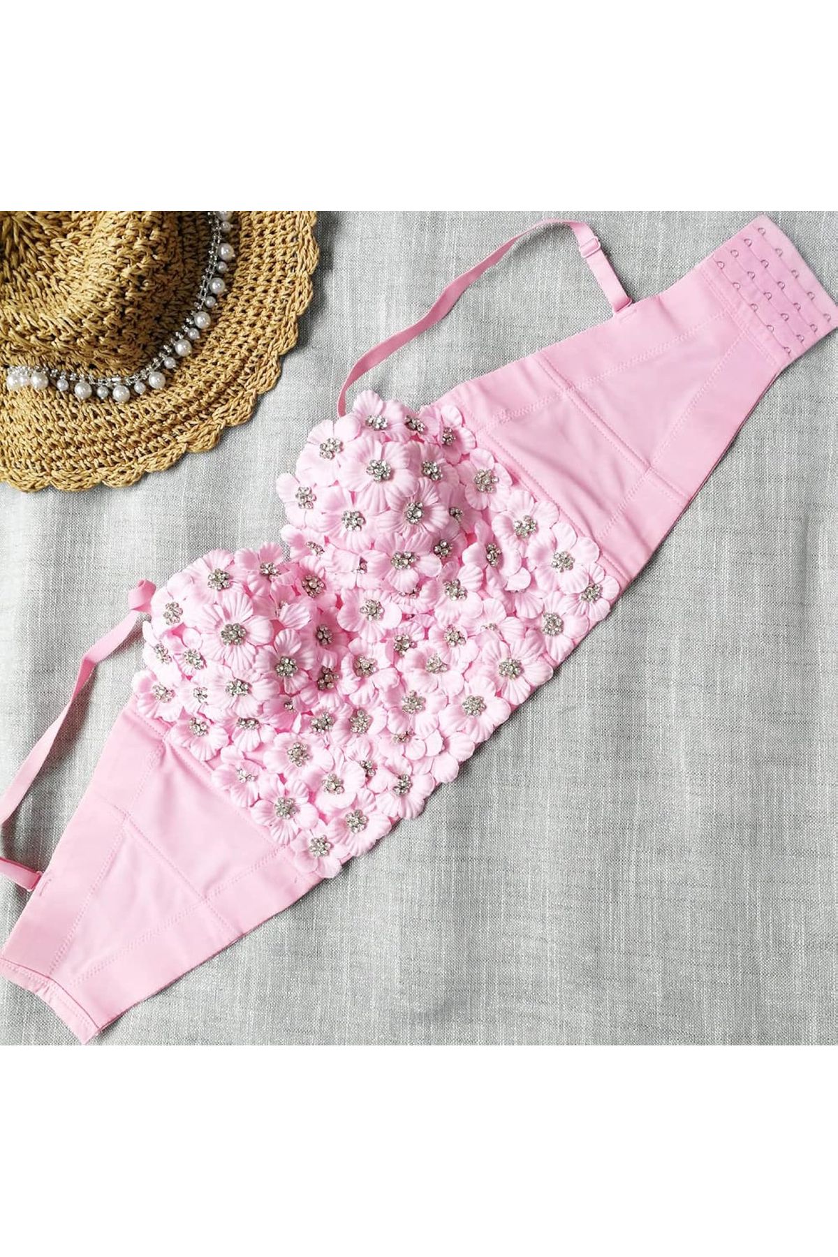 Sep Butik İthal Çiçek Nakış Taşlı Pembe Bustiyer