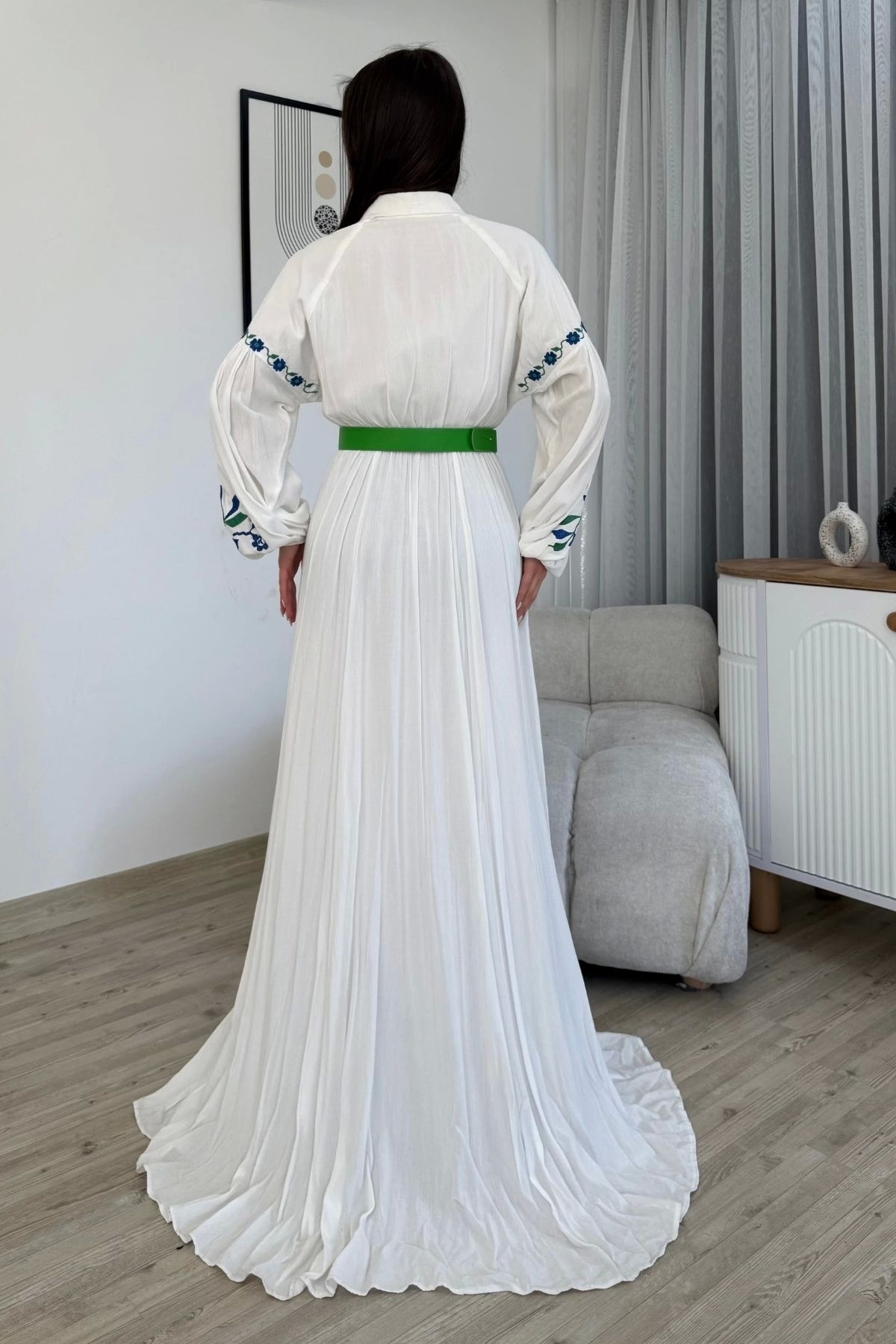 PHELDA-Rochie Hijab din bumbac cu broderie și detaliu curea 747-Alb/Verde 5