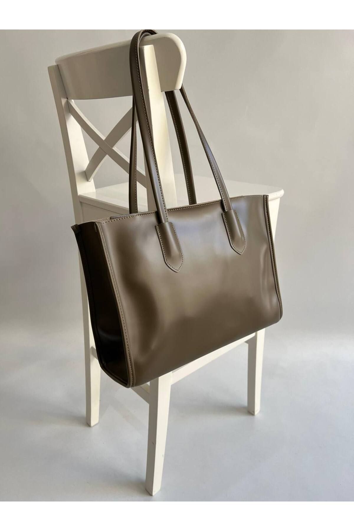 Home Kadın Haki Suni Deri Kumaş Tote Bag Model Günlük Kullanıma Uygun Sade Maxi Boy Çapraz Çanta