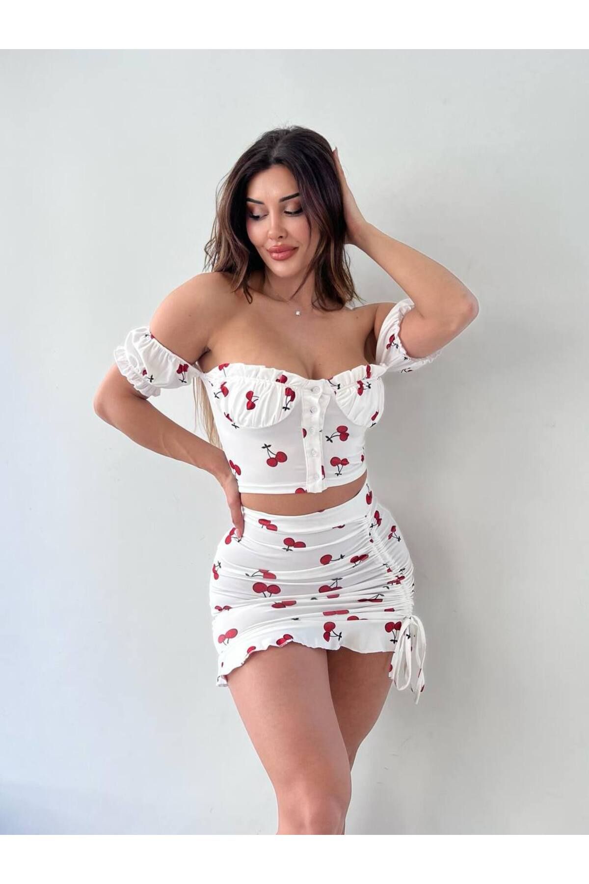 Miss Kiraz Desenli Eteği Büzgülü İkili Takım