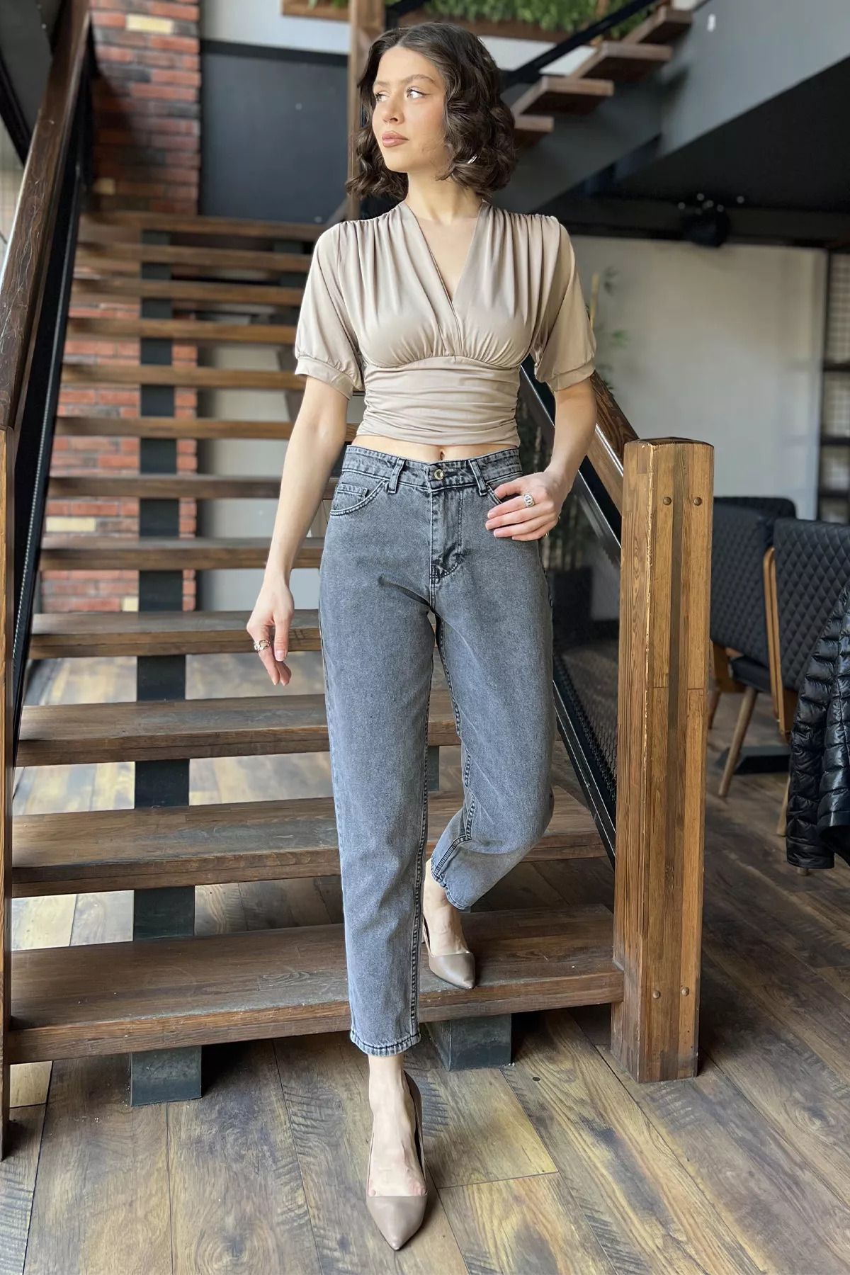 GÜLSELİ Antrasit Kadın Yüksek Bel Mom Jeans Kot Pantolon