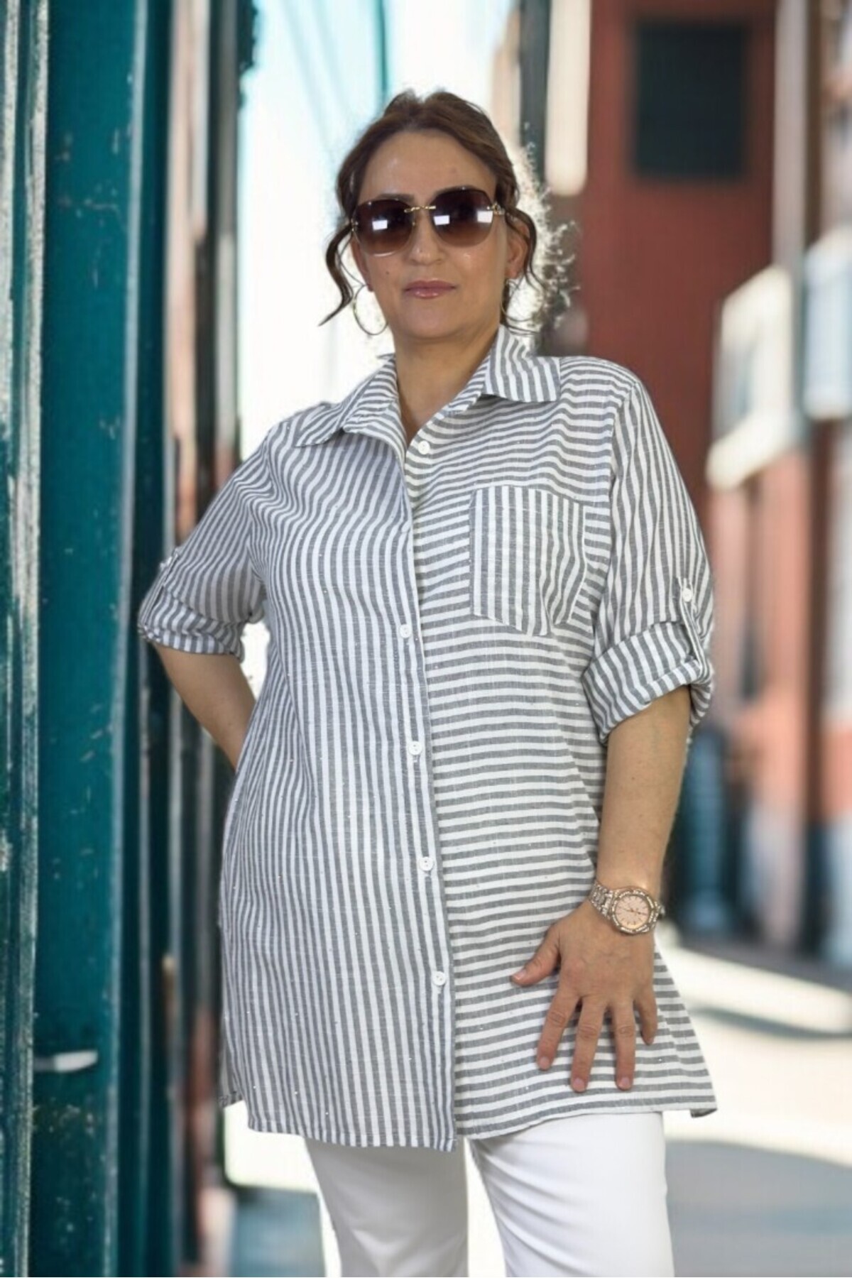 yagmurberen-Tiny Stone Decorated Folding Sleeve Detailed Striped 100% Cotton Large Size Shirt 7