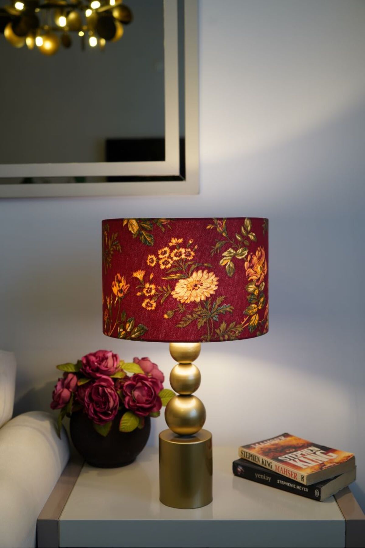 retro home design Özel Eskitme Ayaklı Baskı Kumaş Silindir Kırmızı Çiçek Desenli Dekoratif Abajur Yatak Odası Salon