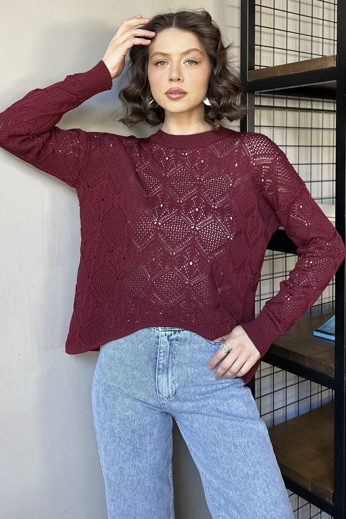 GÜLSELİ Bordo Ajurlu Kadın Triko Bluz