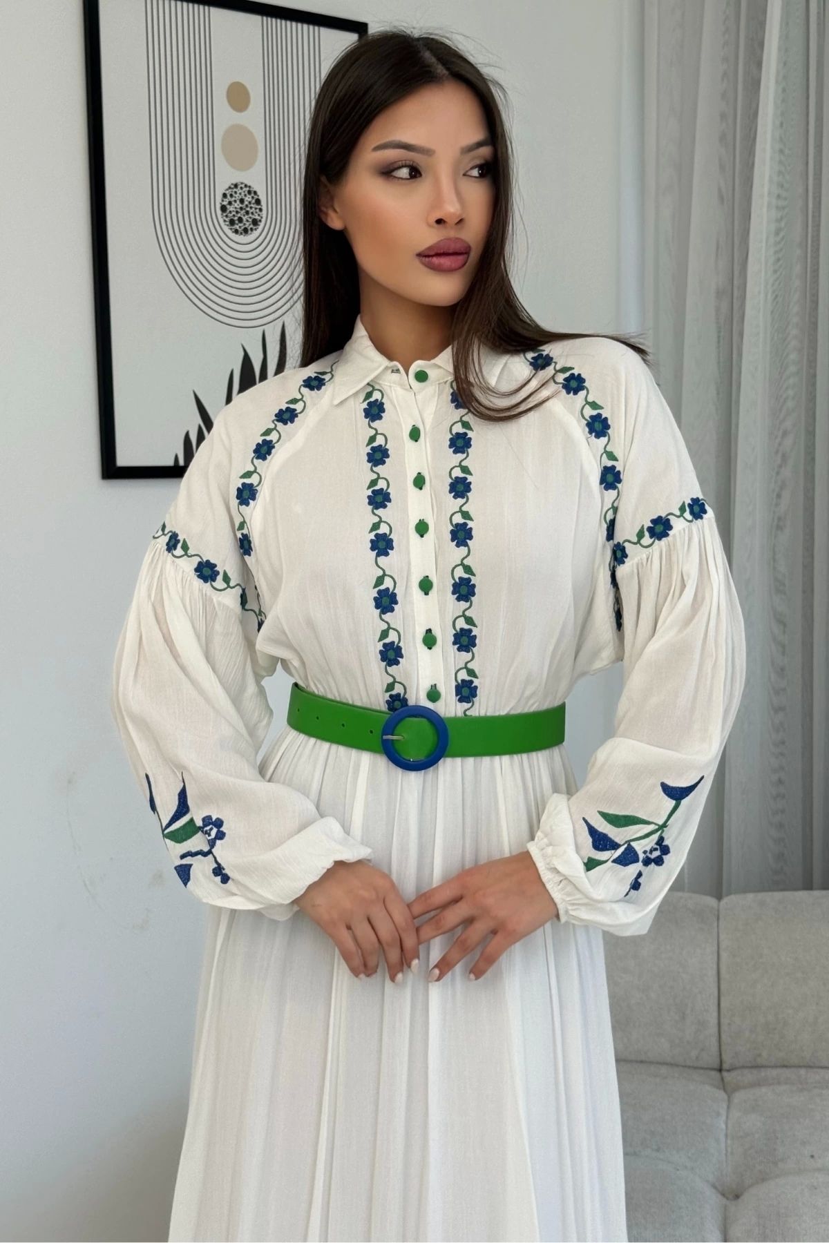 PHELDA-Rochie Hijab din bumbac cu broderie și detaliu curea 747-Alb/Verde 2
