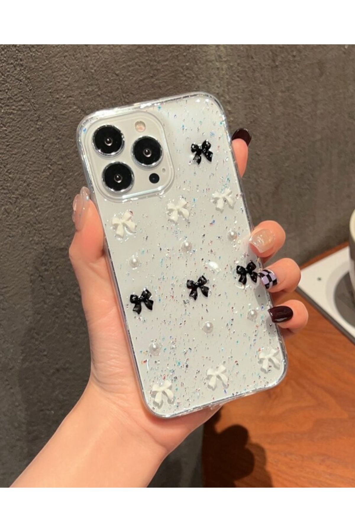 KILIF HOUSE Iphone 16 Pro Max Uyumlu Şeffaf Siyah Beyaz Fiyonklu Kılıf