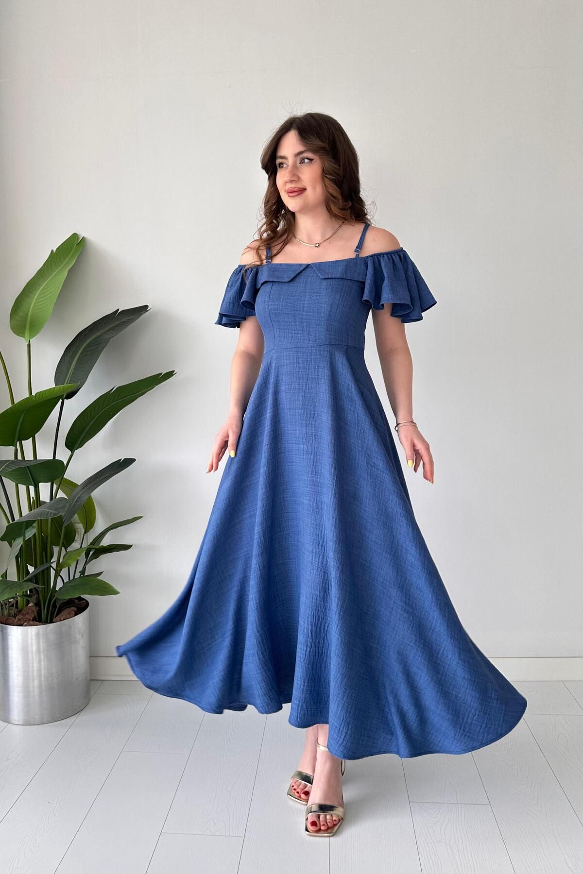 MaziButik Askılı Volanlı Elbise İndigo