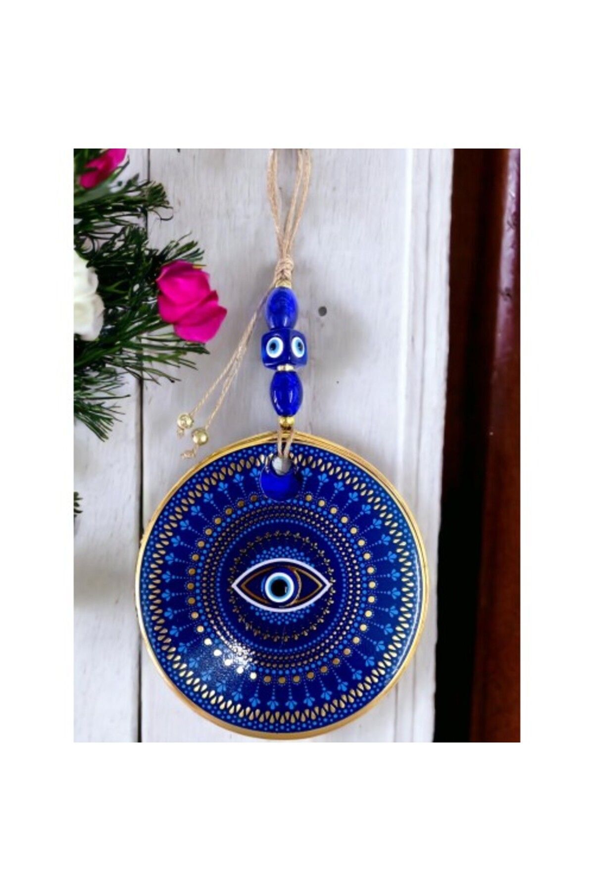 Shop58 Mavi Camlı Nazar Boncuklu Göz Motifli Duvar Süsü Mavili Sarılı Duvar Dekoru