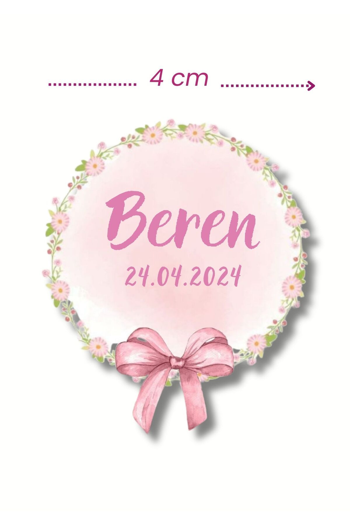alışveriş kurdu İsimli Bebek Etiketi Sticker- Mevlüt Doğum Günü Etiketi 4x4 cm 100 Adet - Kız Pembe Kurdele Temalı
