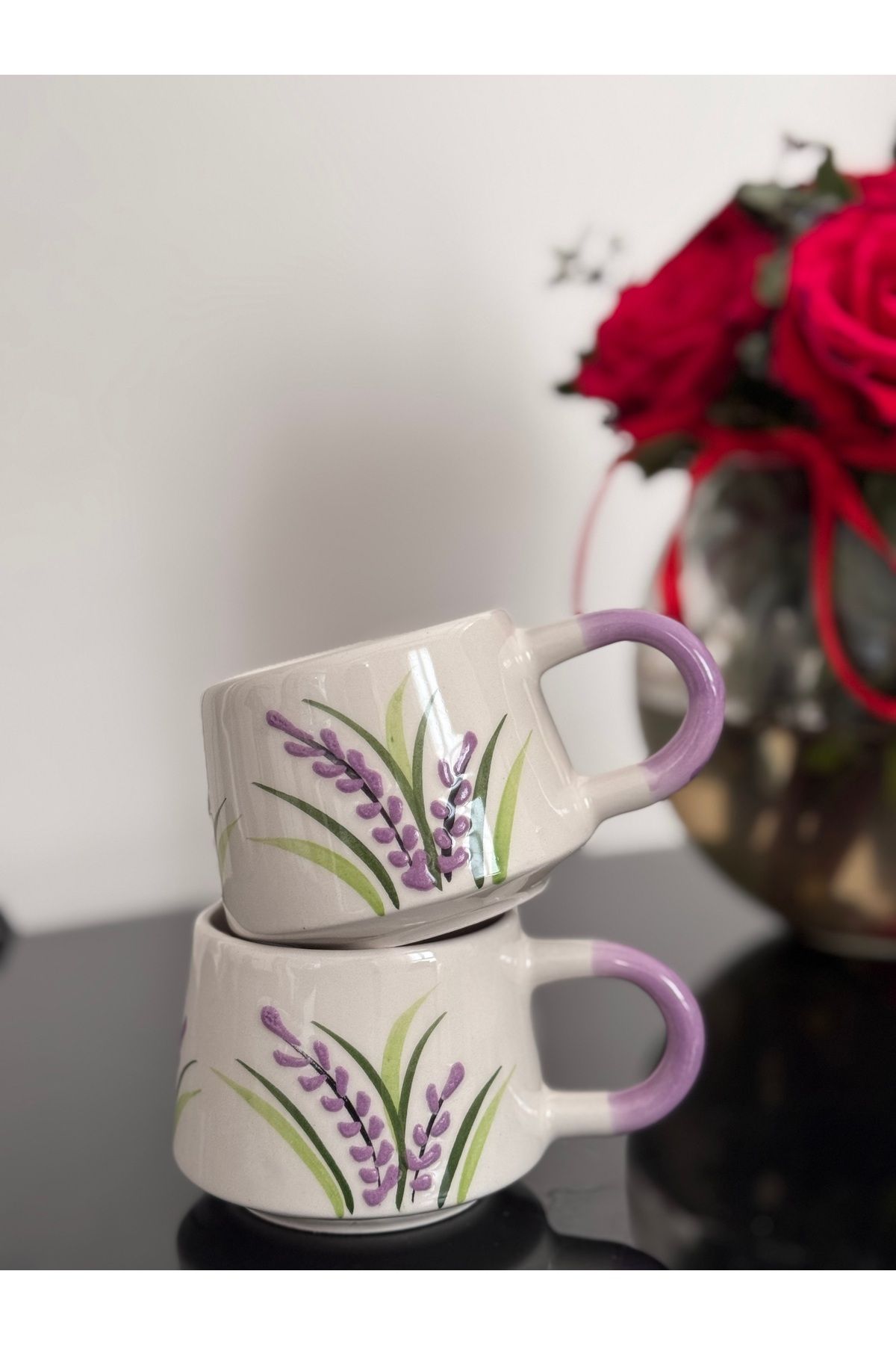 ema Seramik 2’Li Kahve Fincanı Kupa Mug Bardak Lavanta Desenli 200 ml