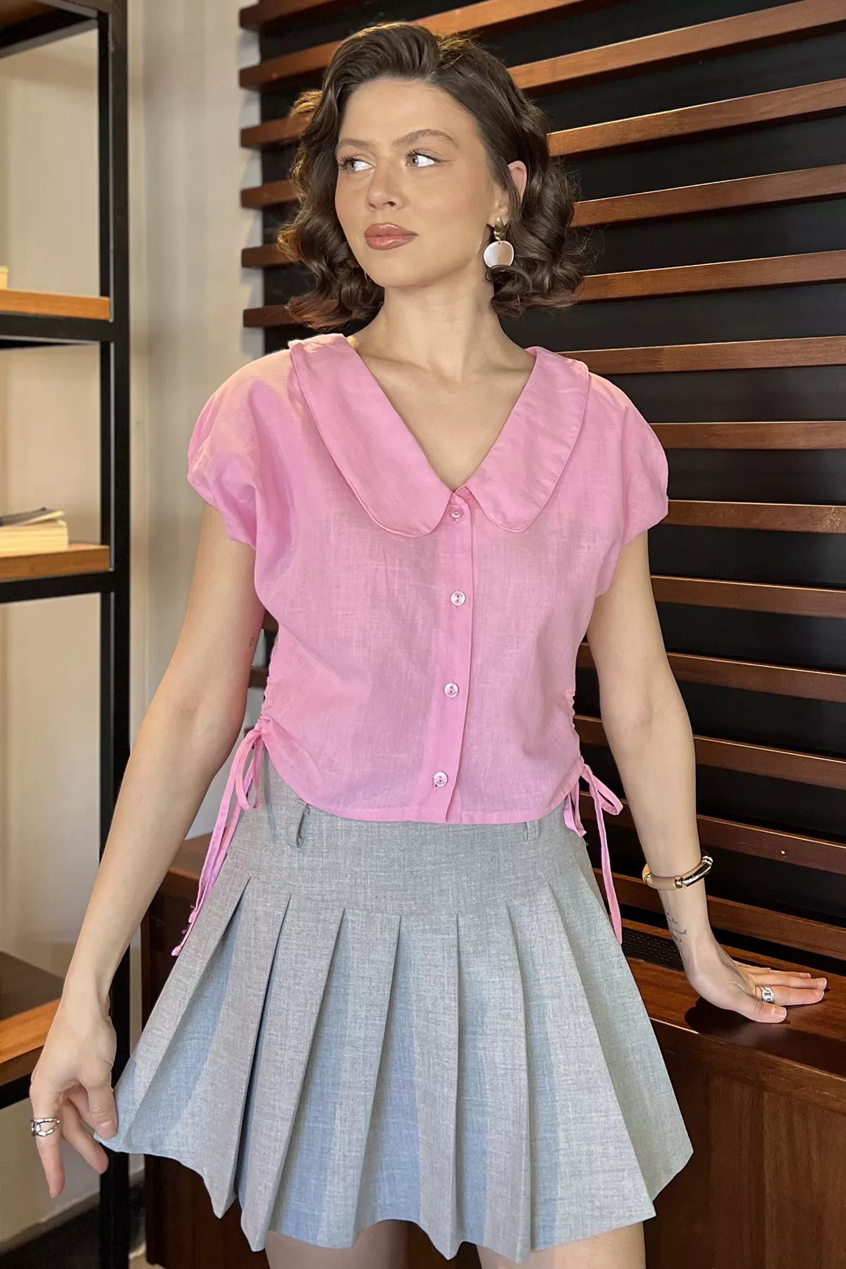 GÜLSELİ Pembe Kol Lastikli Yan Bağcıklı Kadın Gömlek