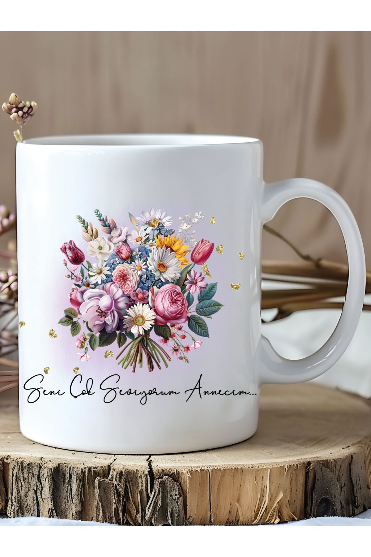 Nassom Tasarım ve Baskı Seni Çok Seviyorum Annecim Yazılı Çiçek Buketli Kupa | Anneler Günü Hediyesi | Sublimasyon Baskı Mug
