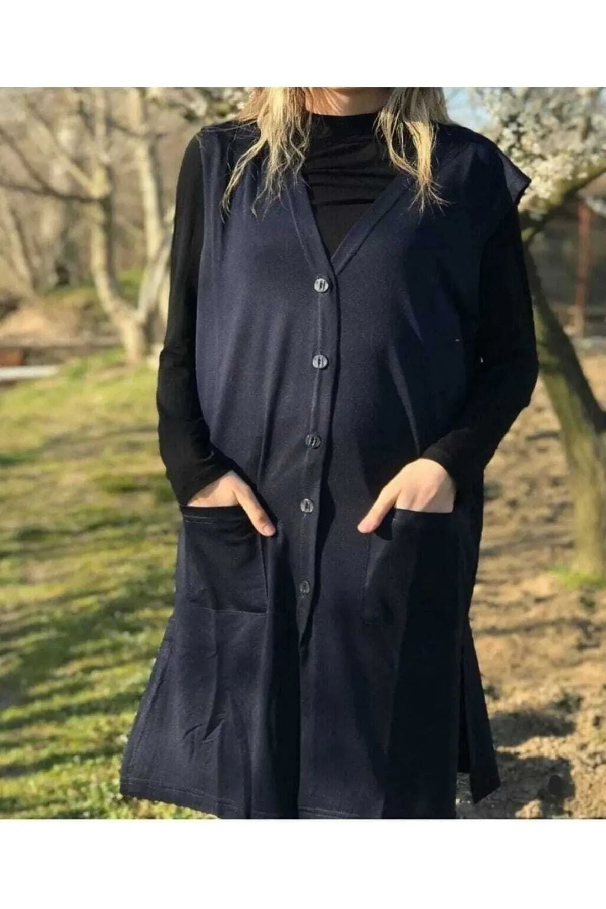 NOBLE STORE Anneler Günü Kadın Uzun Cepli Penye Anne Tunik Yelek