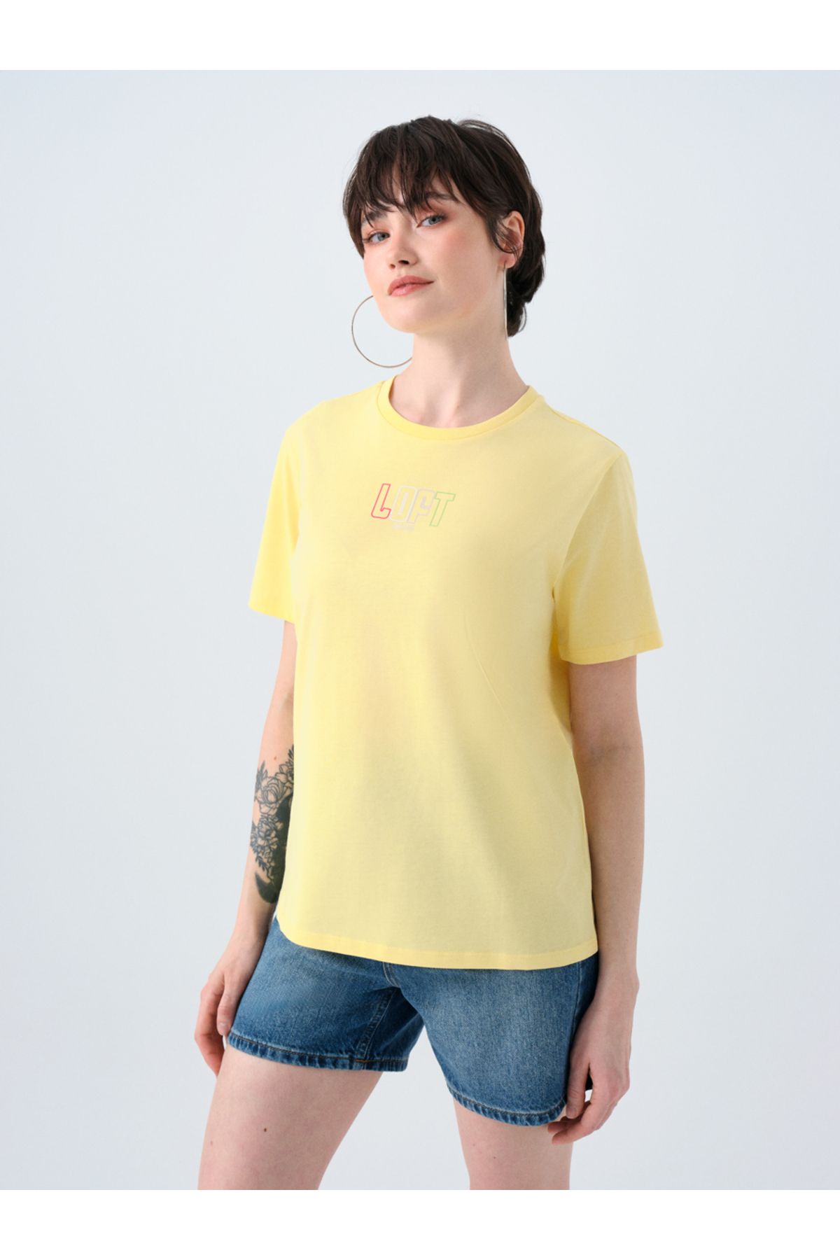 Loft 2038993 Sarı Kadın Baskılı Loft Yazı Detaylı Bisiklet Yaka T-Shirt