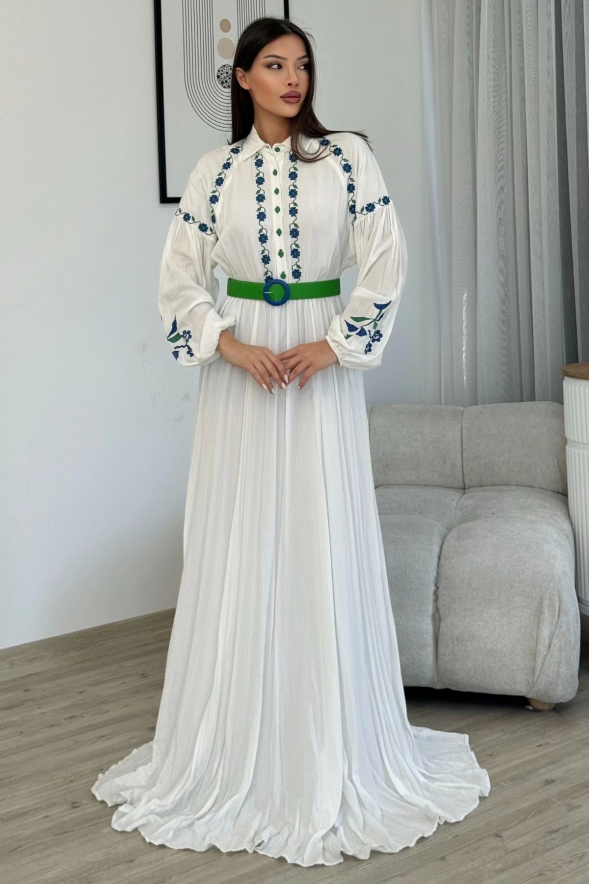 PHELDA-Rochie Hijab din bumbac cu broderie și detaliu curea 747-Alb/Verde 3
