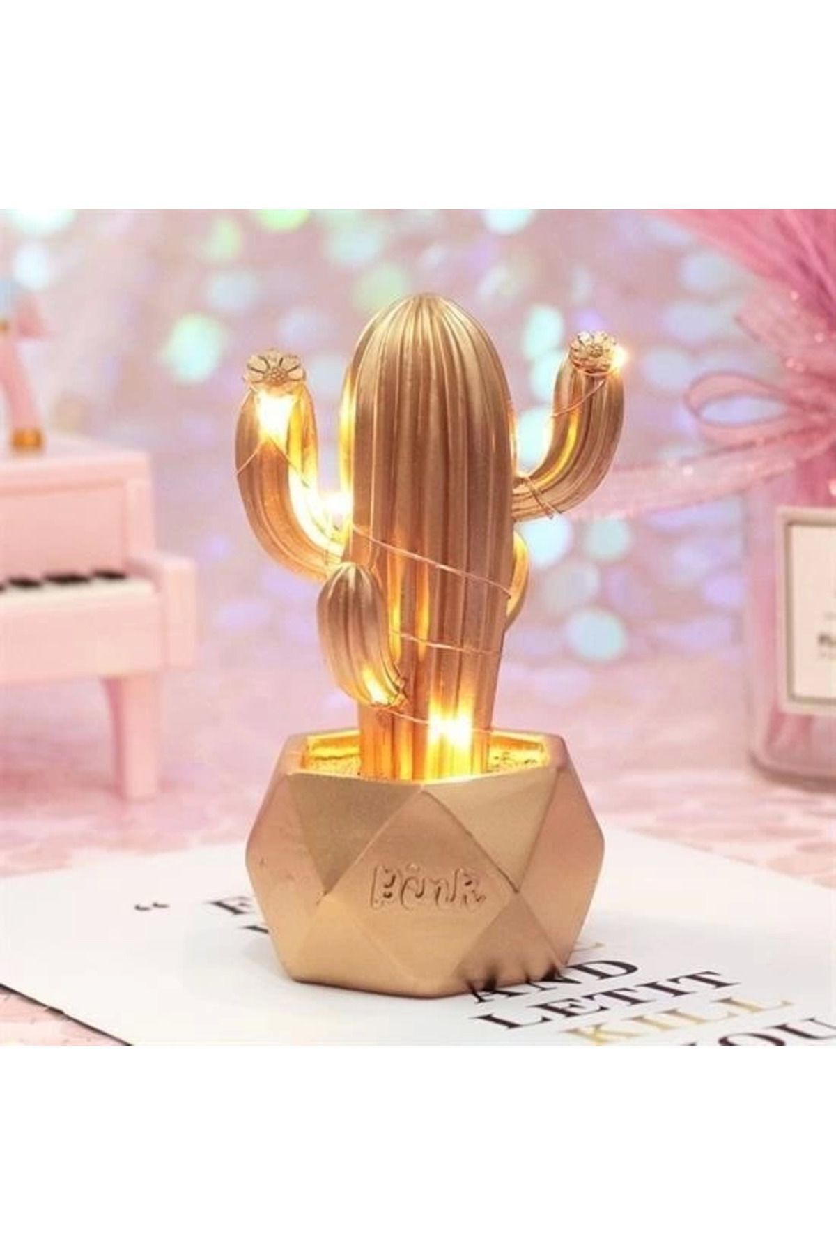 Easy Tedarik Led Işıklı Sevimli Kaktüs Dekoratif Masa Lambası Mini Biblo Gece Lambası-gold
