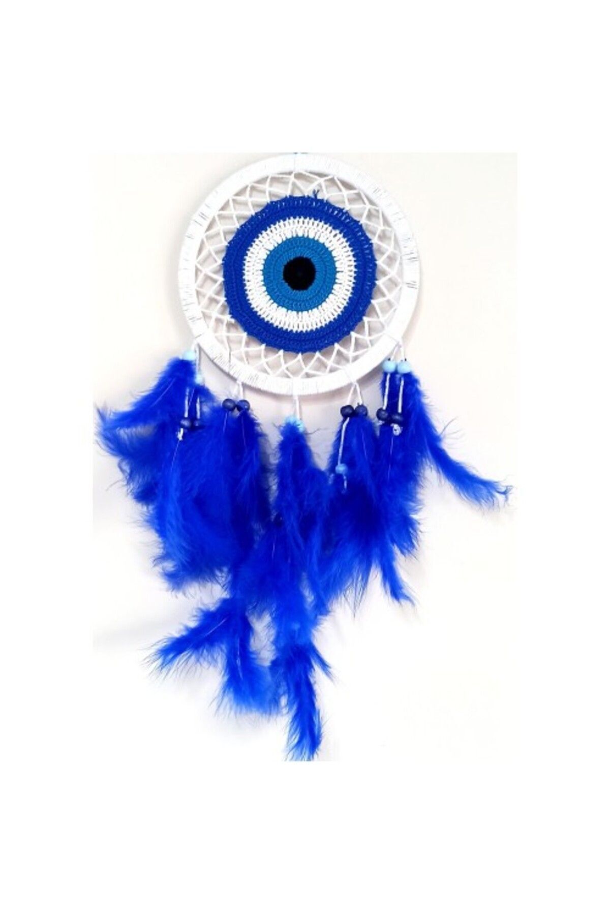 Shop58 Saks Mavisi Kuş Tüylü Dream Catcher Nazar Boncuğu Motifli Düş Kapanı Duvar Süsü