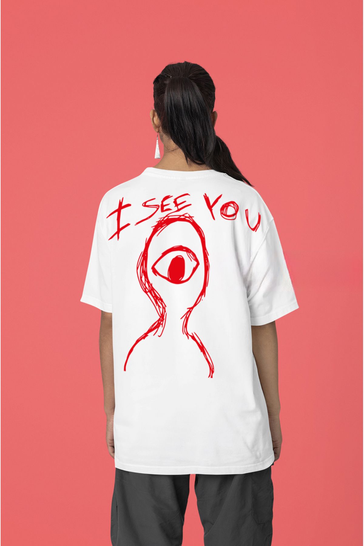 swOzz I SEE YOU Yazılı Beyaz Oversize Unisex Tişört – Özel Baskılı Streetwear Tasarım