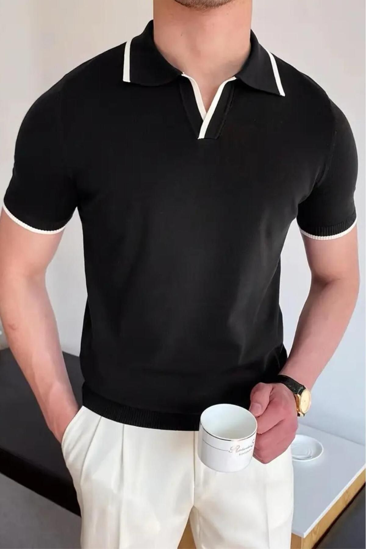 Oksit Santos Yakası ve Kolu Şeritli Likralı Slim Fit Polo Yaka Örme Erkek Triko Tshirt