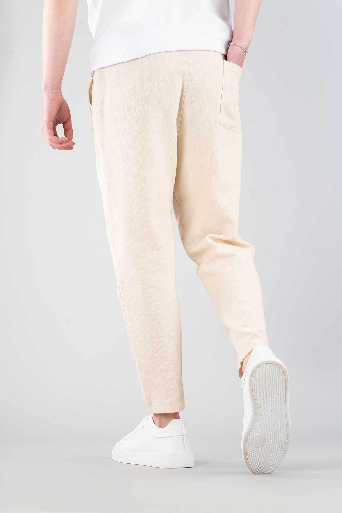 bombe-Men's Beige Casual Linen Boyfirend Pants Elastic Waist Drawstring Jogger Trousers 5