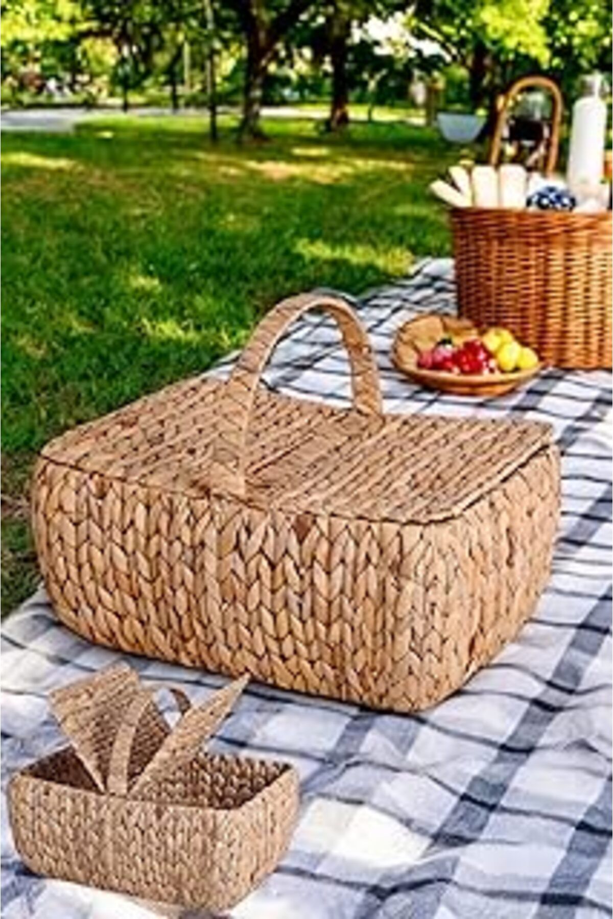 karadağsb Deconox El Yapımı Su Sümbülü Kapaklı Büyük Boy Hasır Örme Piknik Sepeti Dikdörtgen - 46x30cm - 20-3
