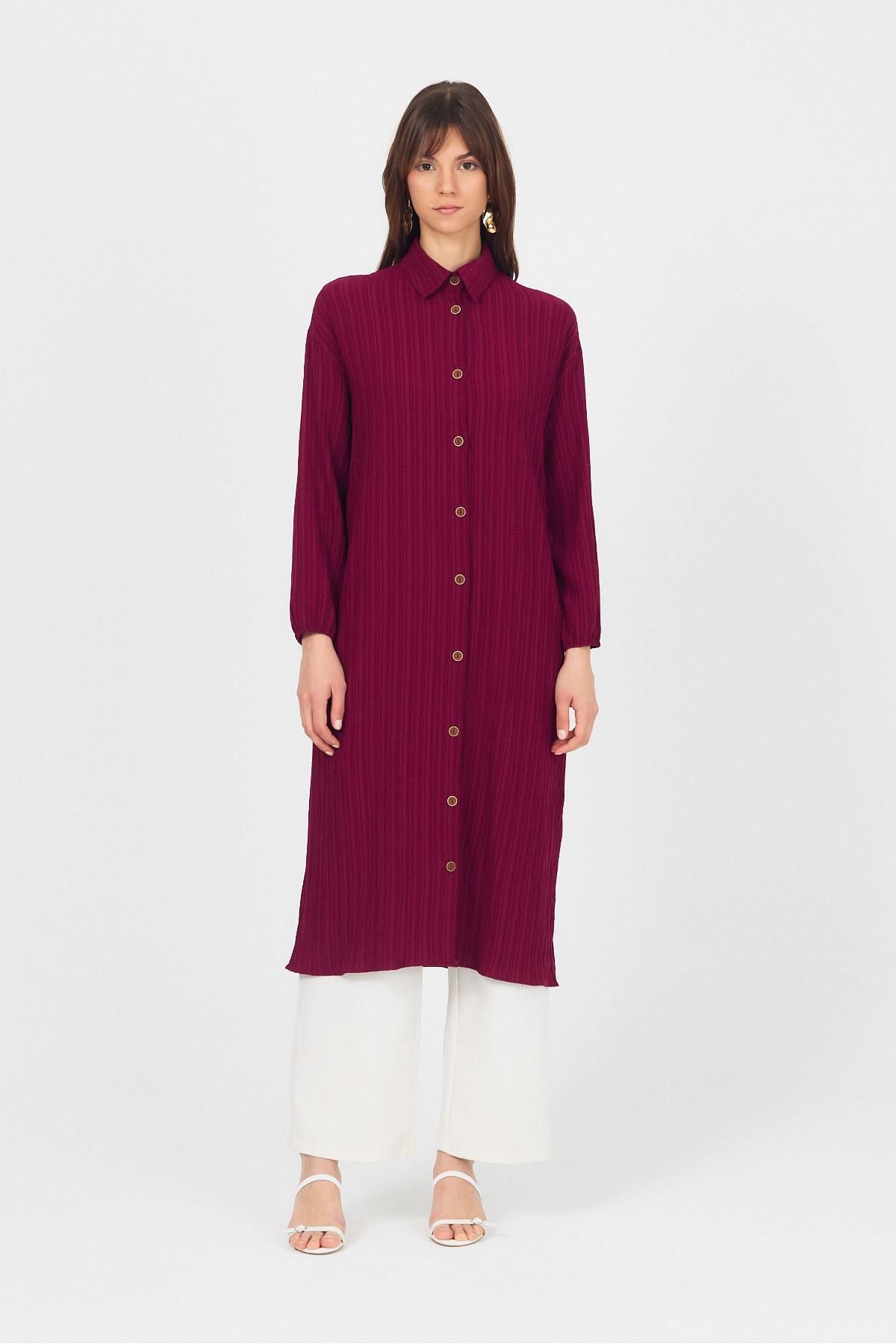 Rays Bordo Düğmeli Kol Lastikli Uzun Tunik 4507A