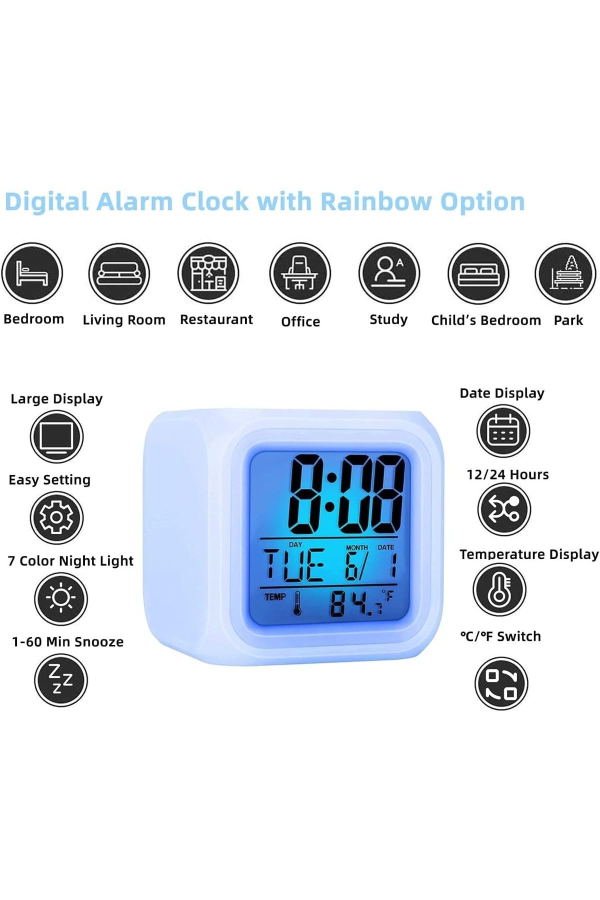Generic-Digital 7-Color Changing LED Alarm Clock with Glowing Light, Temperature Display & Date Function 5