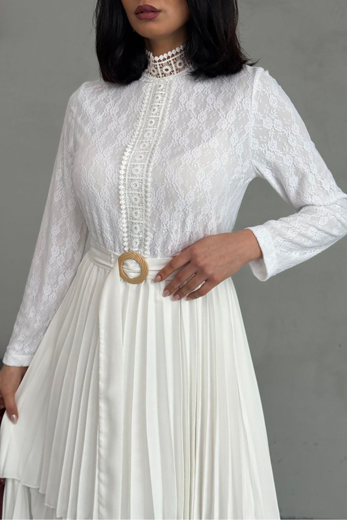 XXL BUTİK XXL Butik kadın kemerli eteği piliseli dantel detaylı uzun elbise X-NBMS2525