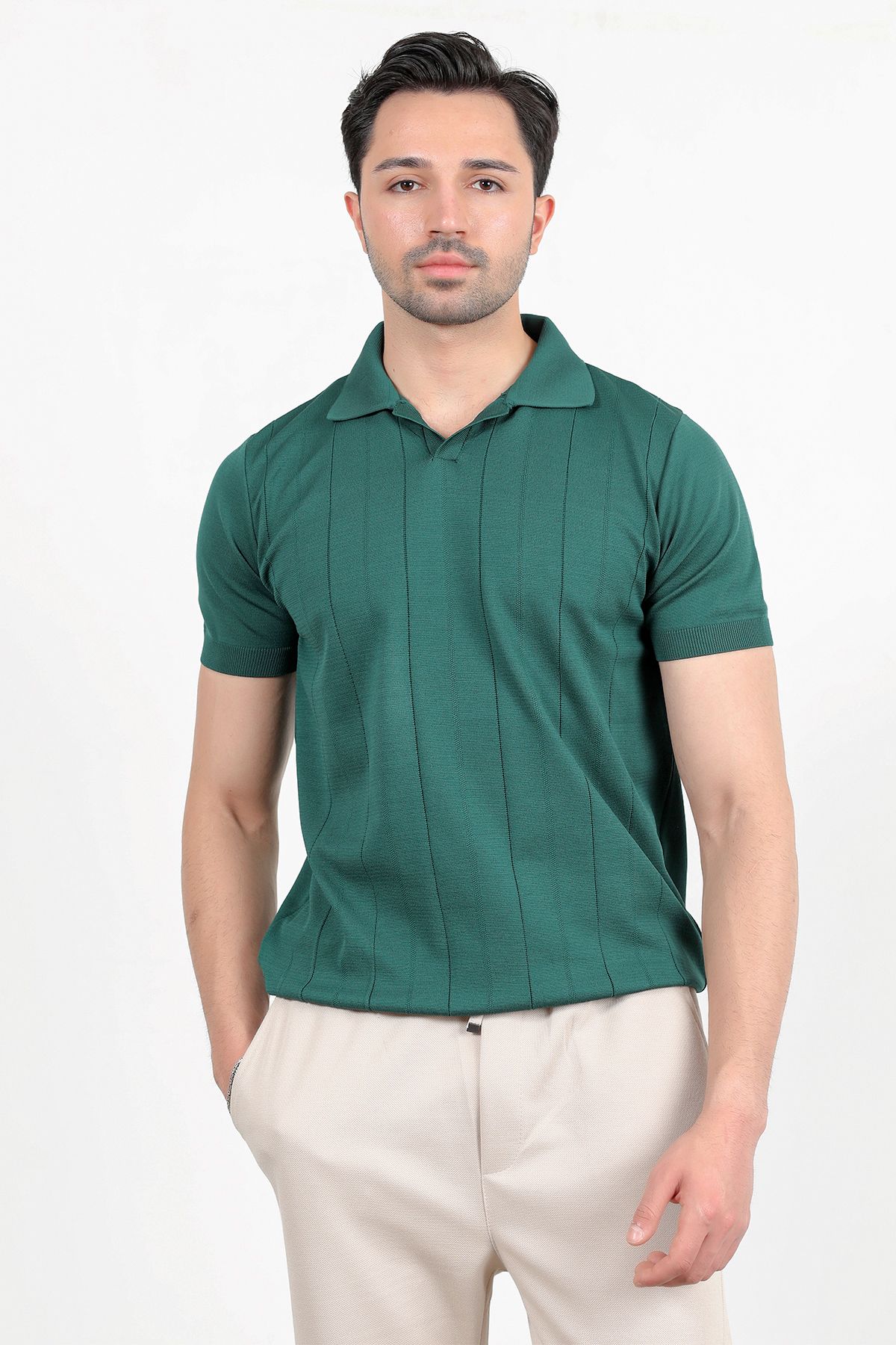 JB John Borners Erkek Polo Yaka Kısa Kol Çizgili Triko T-Shirt Yeşil - 2503