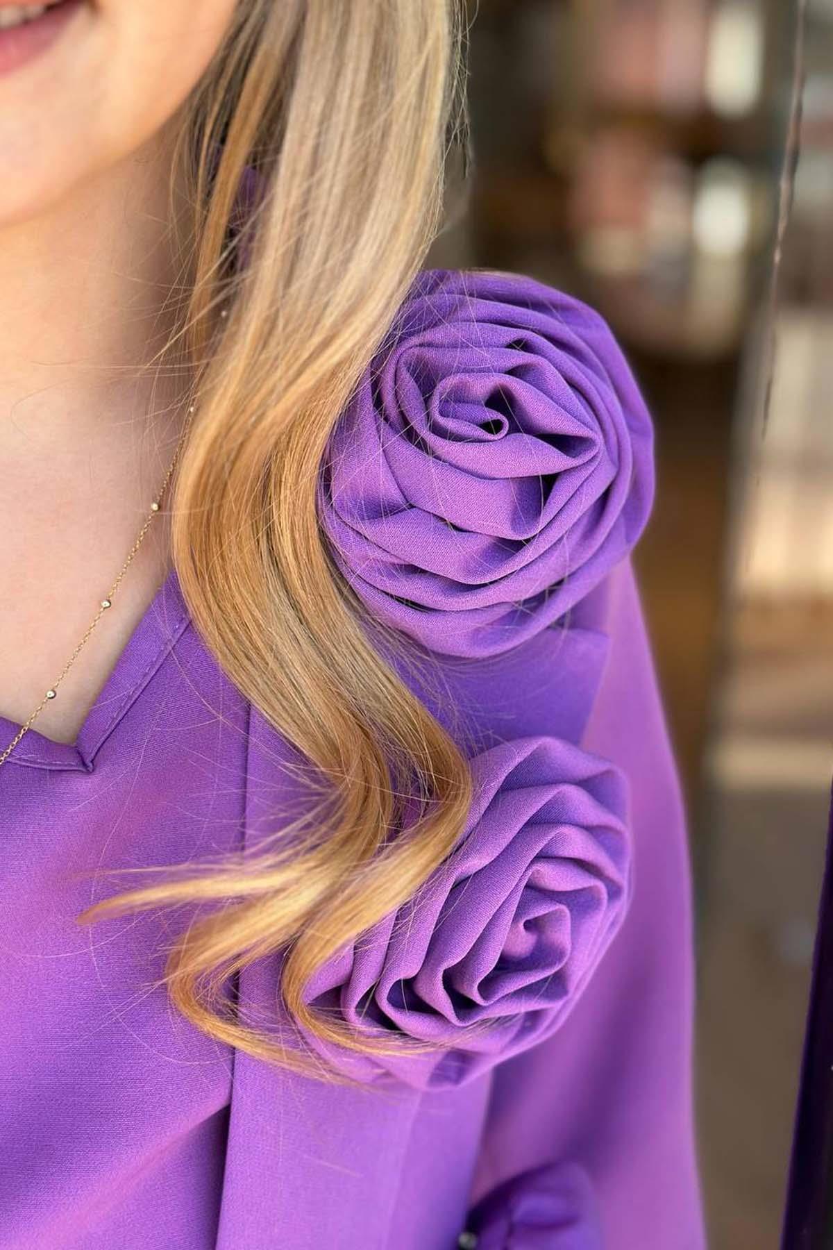 Riccotarz-Girl's Gold Buttoned and Rose Brooch Blazer Jacket Suspender Combed Cotton Blouse Purple Shorts Suit 7