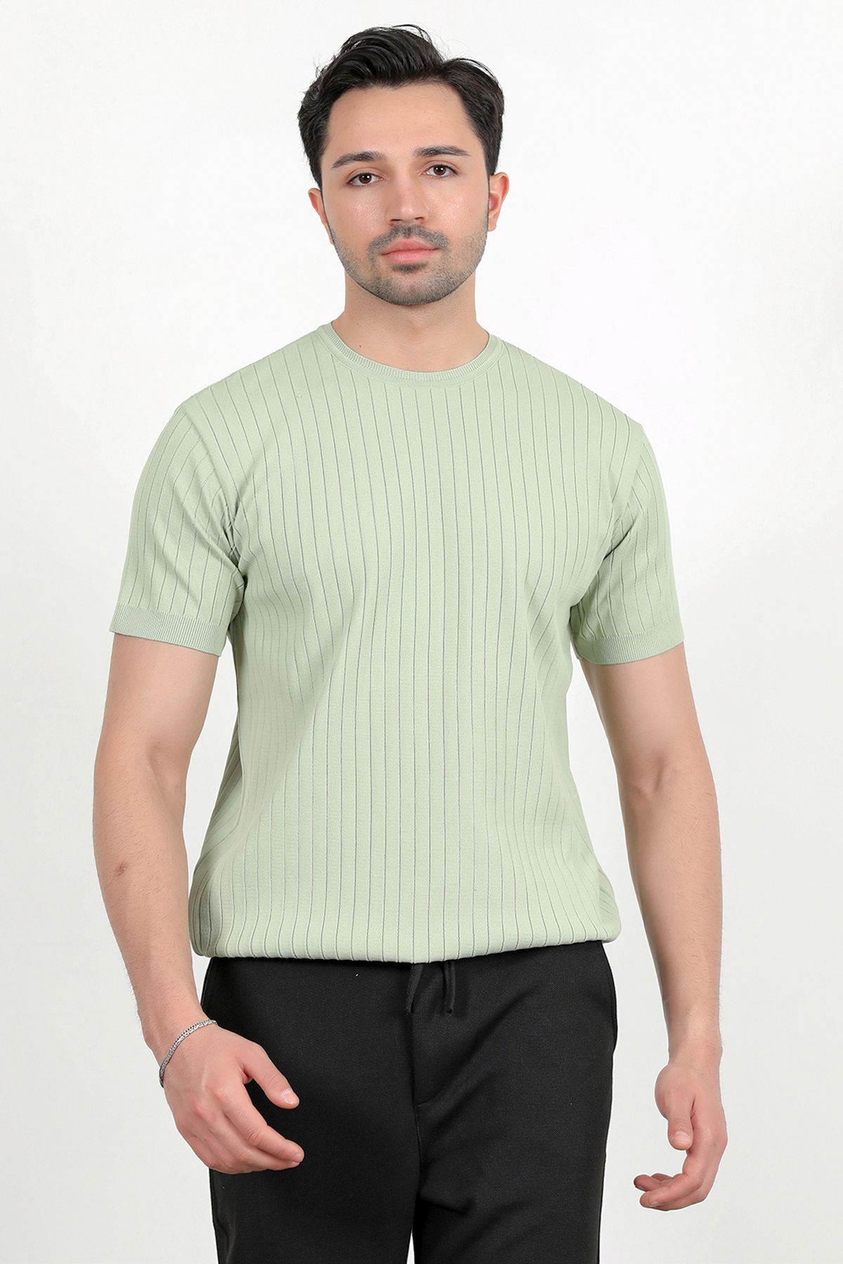 JB John Borners Erkek Bisiklet Yaka Kısa Kol Fitilli Triko T-Shirt Açık Yeşil - 2502