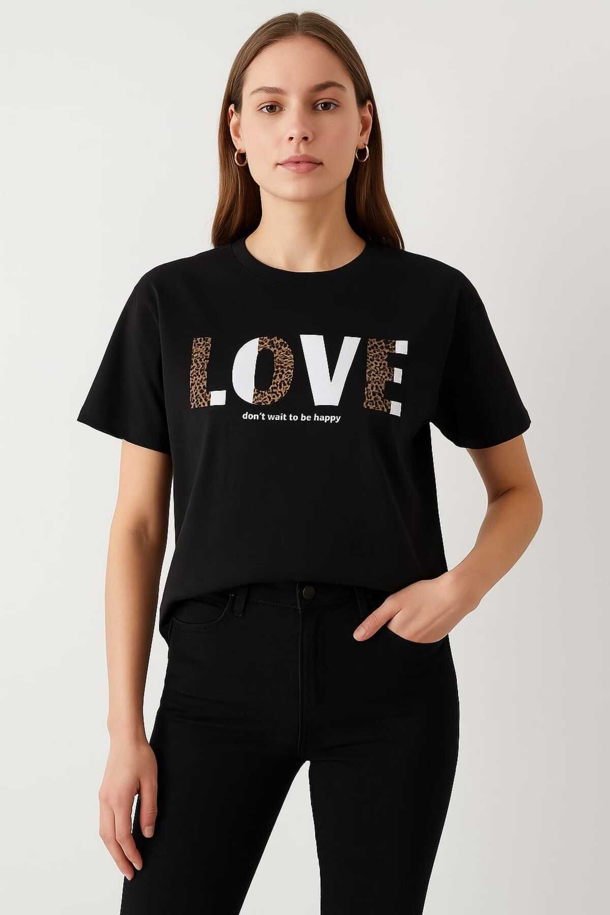 KALENDER BUTİK Unisex Siyah Bisiklet Yaka - Baskılı Basic T-Shirt