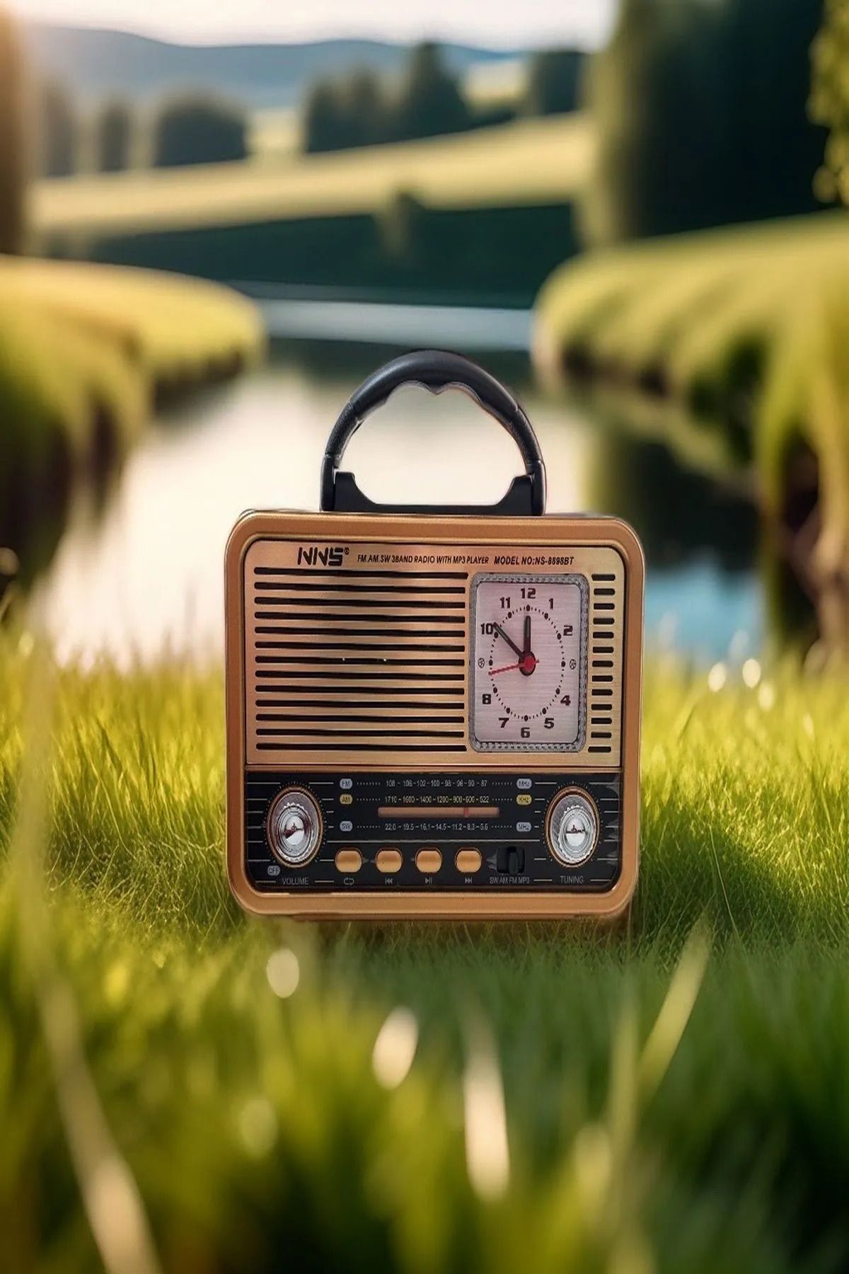 L'eDoren NS-8898BT Nostaljik Radyo Analog Saatli FM Radyo Bluetooth Hoparlör USB TF AUX MP3 Çalar