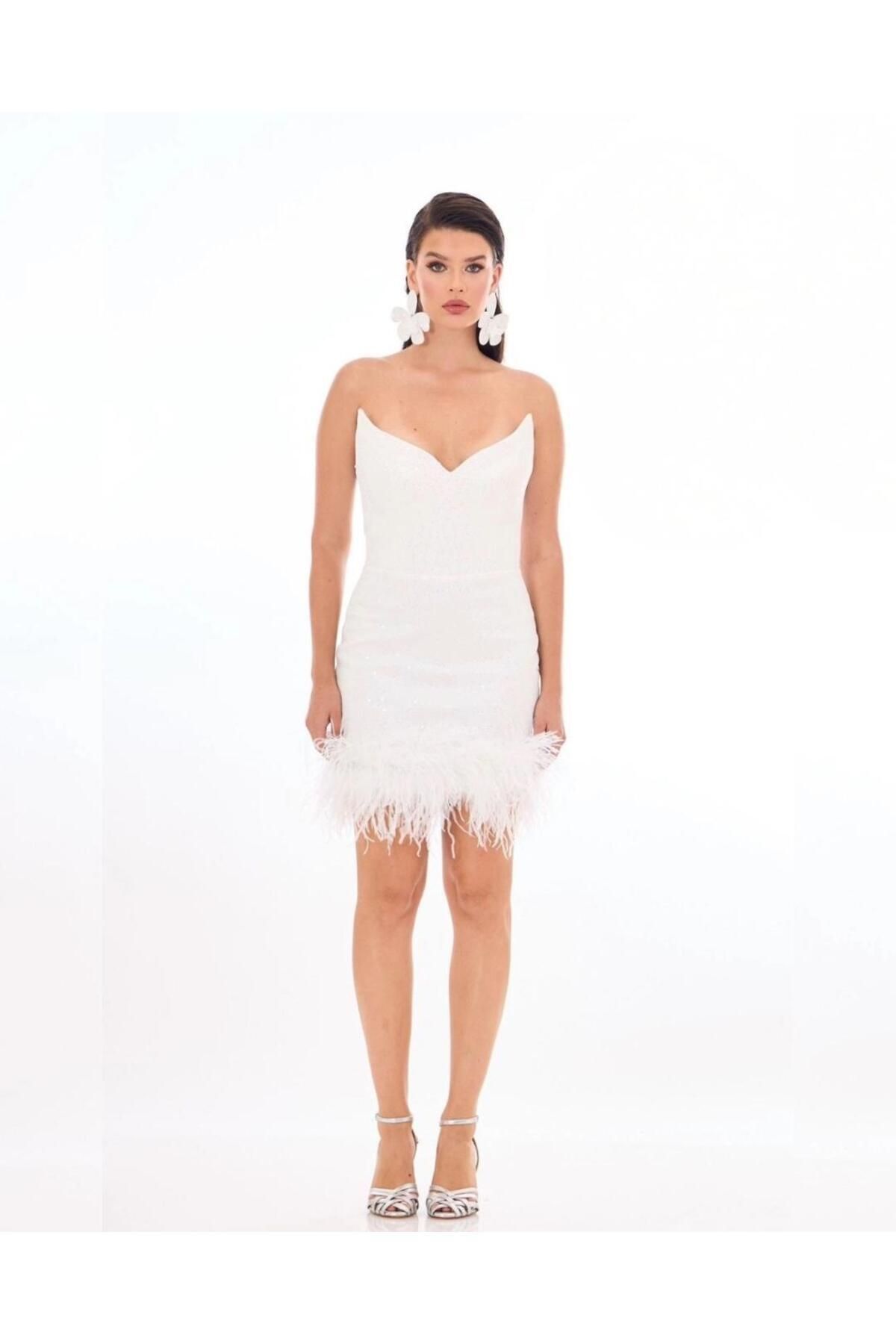MODA TÜYLÜ STRAPLEZ MİNİ ELBİSE