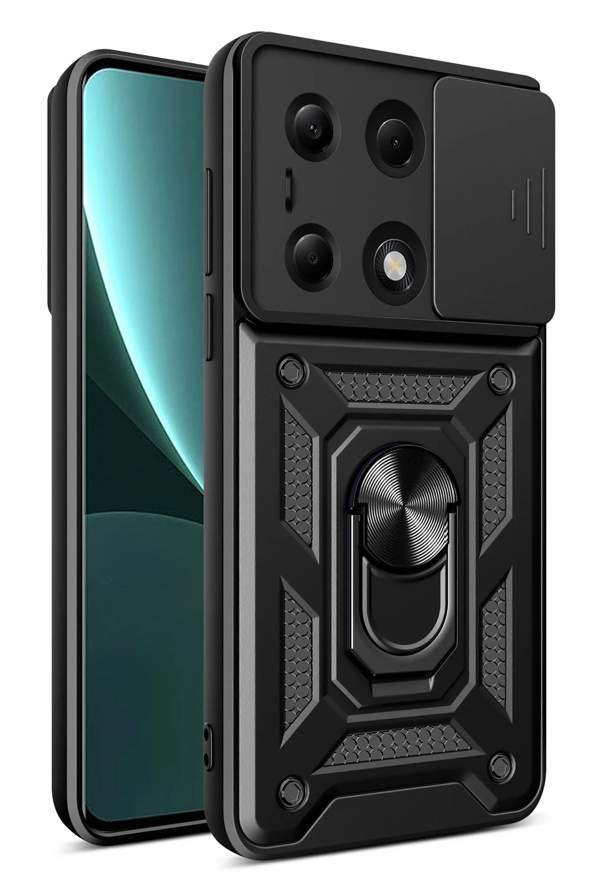 NewFace Xiaomi Poco M6 Pro 4G Kılıf Pars Lens Yüzüklü Silikon - Siyah YNSMR