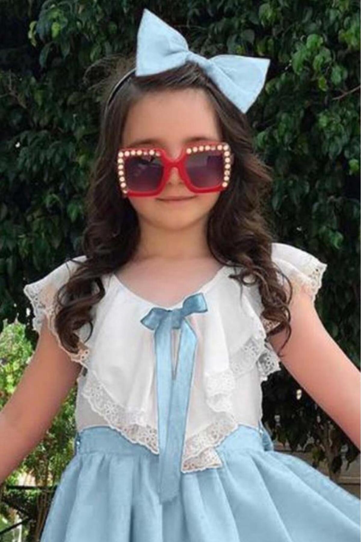 Riccotarz-Rochie albastră pentru fete, cu decolteu în V, cu umeri și tiv din dantelă 2